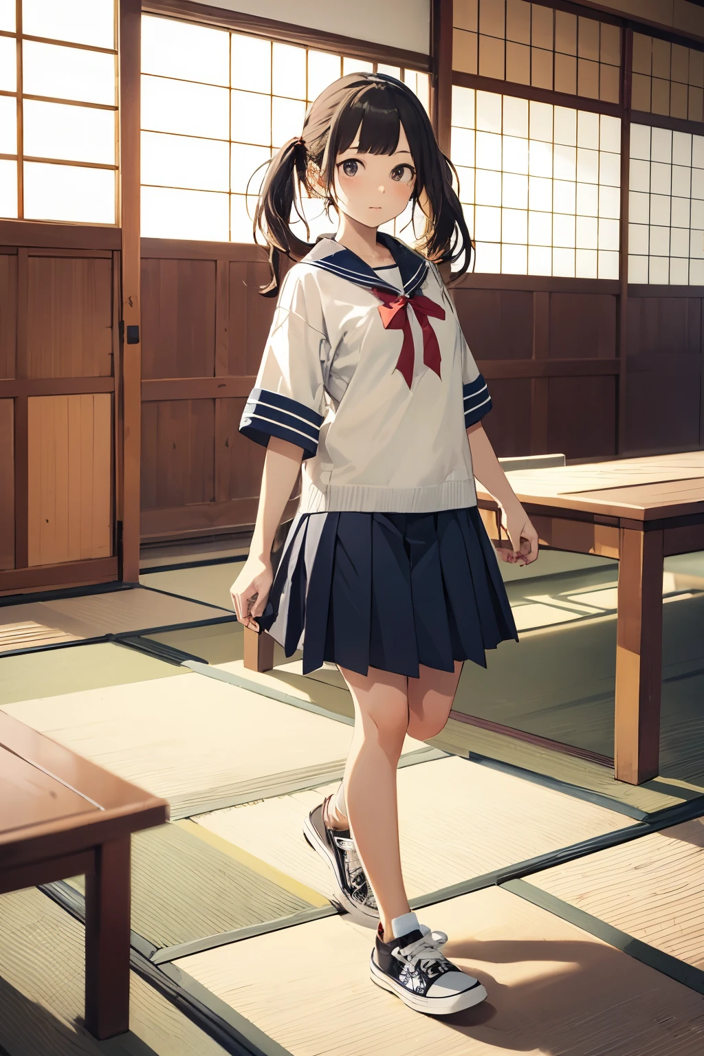 A high school girl wearing a cute uniform and wearing Converse low-cut sneakers walks around a Japanese-style tatami room.。Draw sneakers neatly。