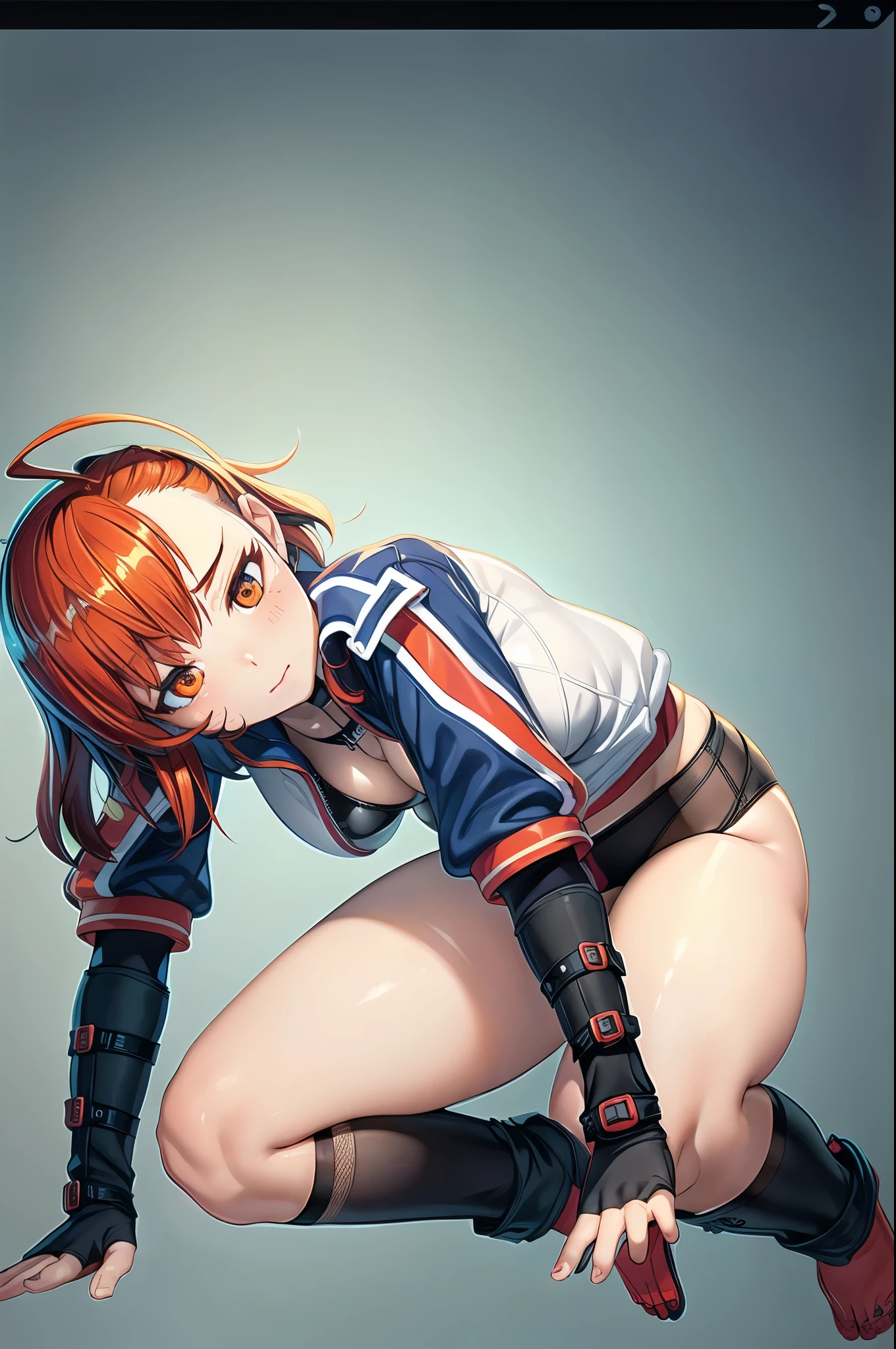 1 s, single, alone, Beautiful Anime Petit Girl,
((bright orange eyes,
short hair:2.0, wavy hair, messy hair:1.2, Ahoge, long bangs, red hair)),((big breasts)),((Performance jacket,fishnet thighhighs,thong)),running