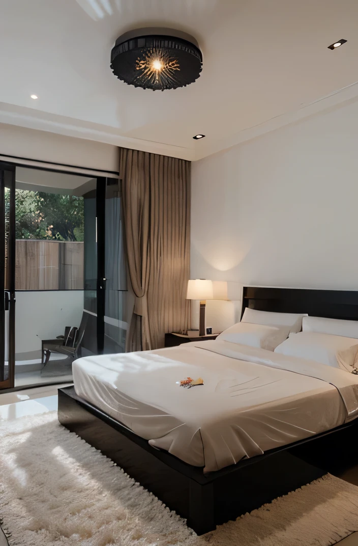 indochina style , bedroom design, black funiture, 1 wardrobe, 1 bed, 1 floor carpet, high-rise plaster ceiling, 1 white curtain with glass wall, luxury, surreal, 8k resolution, render vray, rendered by unreal engineer 8k, best quality, super product, masterpiece, super detailed, extremely detailed, Indochine style, round and jerky ceiling