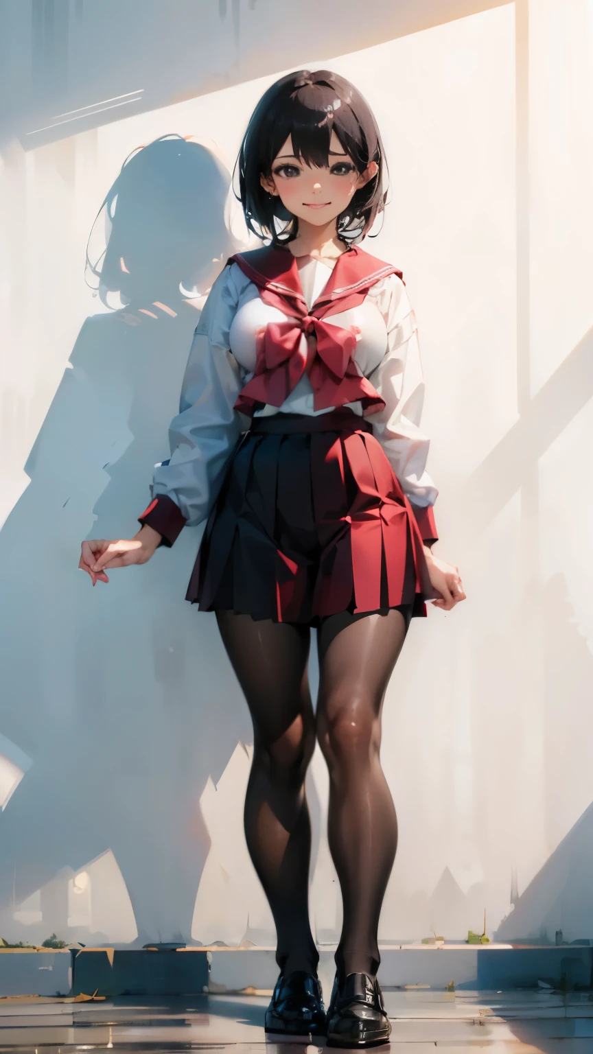 (((masterpiece, highest quality))), 1 girl, sailor suit, skirt, black hair, messy hair, mature, white pantyhose, shiny pantyhose, shiny skin, best lighting, best shadow, disorganized, Are standing, put your hand on your waist, lewd smile, very cute,full body portrait