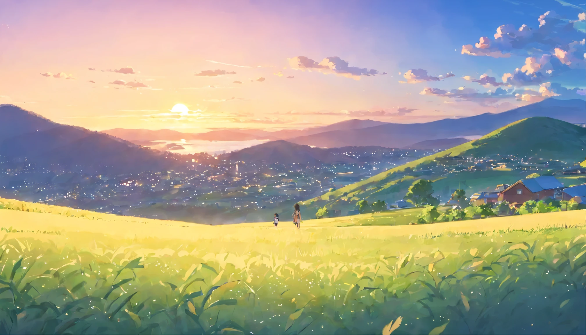 hill, countryside scenery, hillの上には小さな雑貨屋がある, You can see the sunset and the night sky around you.