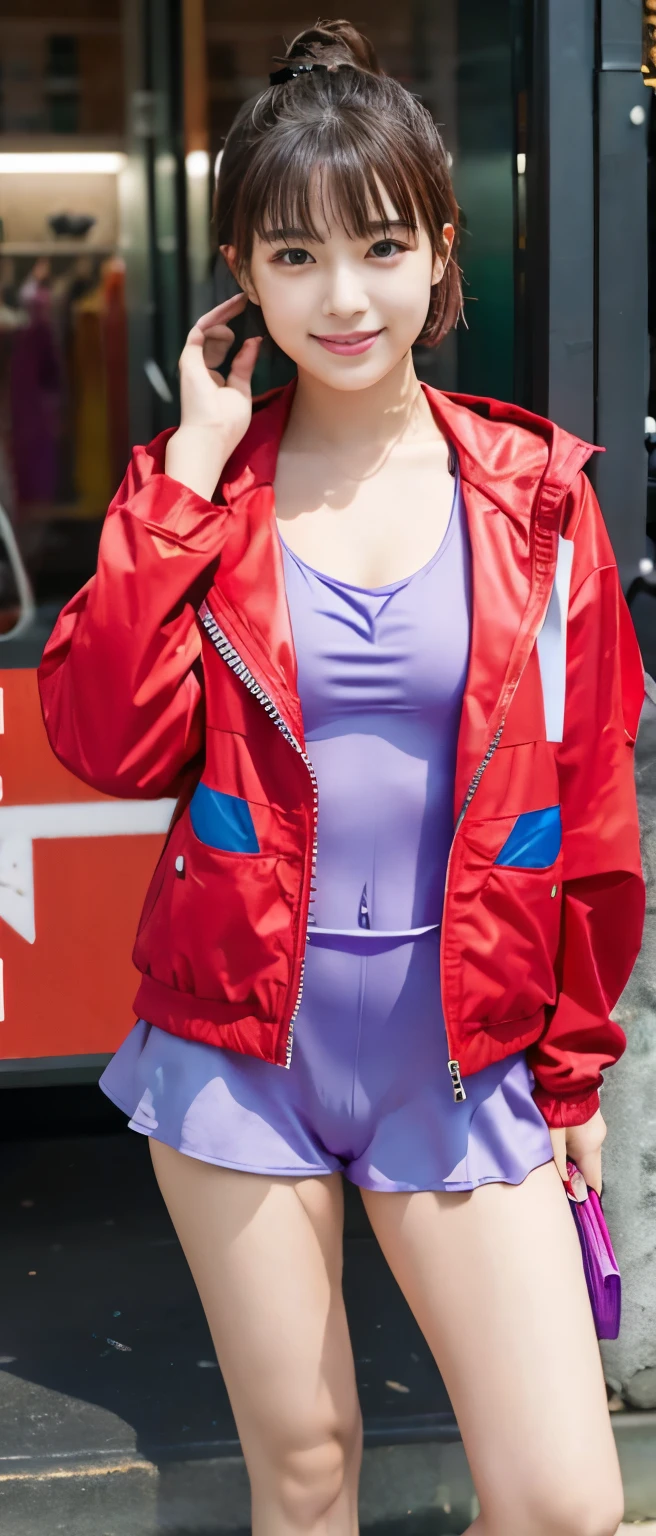 neat idol、whole body、good style、、、、red swimsuit、purple colorful short hair、Jacket