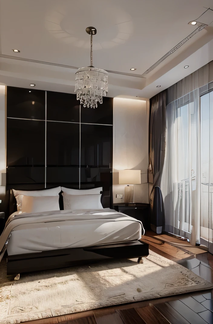 indochina style , bedroom design, black funiture, 1 wardrobe, 1 bed, 1 floor carpet, high-rise plaster ceiling, 1 white curtain with glass wall, luxury, surreal, 8k resolution, render vray, rendered by unreal engineer 8k, best quality, super product, masterpiece, super detailed, extremely detailed, Indochine style, round and jerky ceiling
