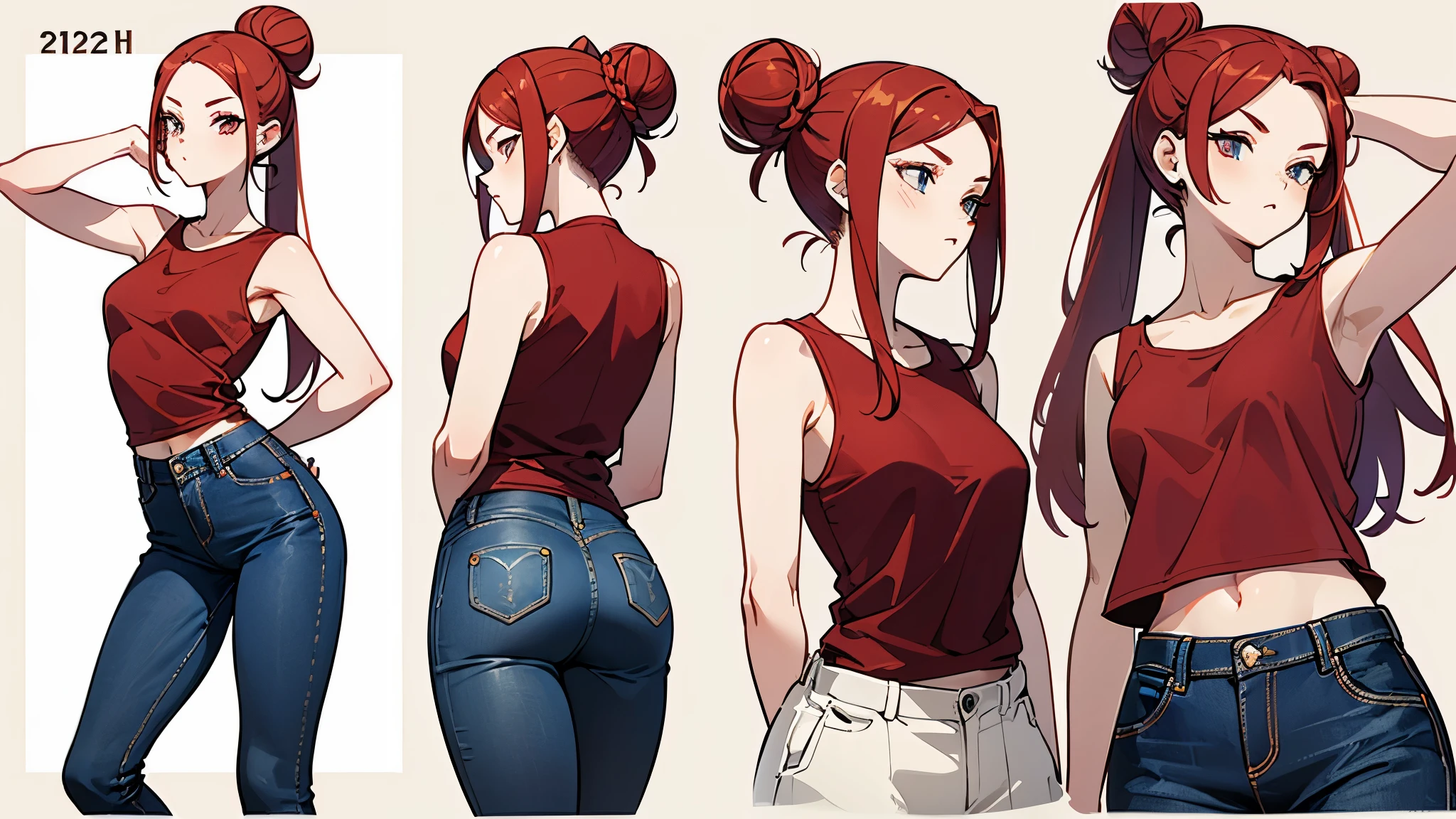 21 year old, redhead girl, armpit lenght hair (((happy flirty expression))) jeans and tight top, ((bun hairstyle)) (((detailed character sheet, frontal view, side view, three quarter view)))