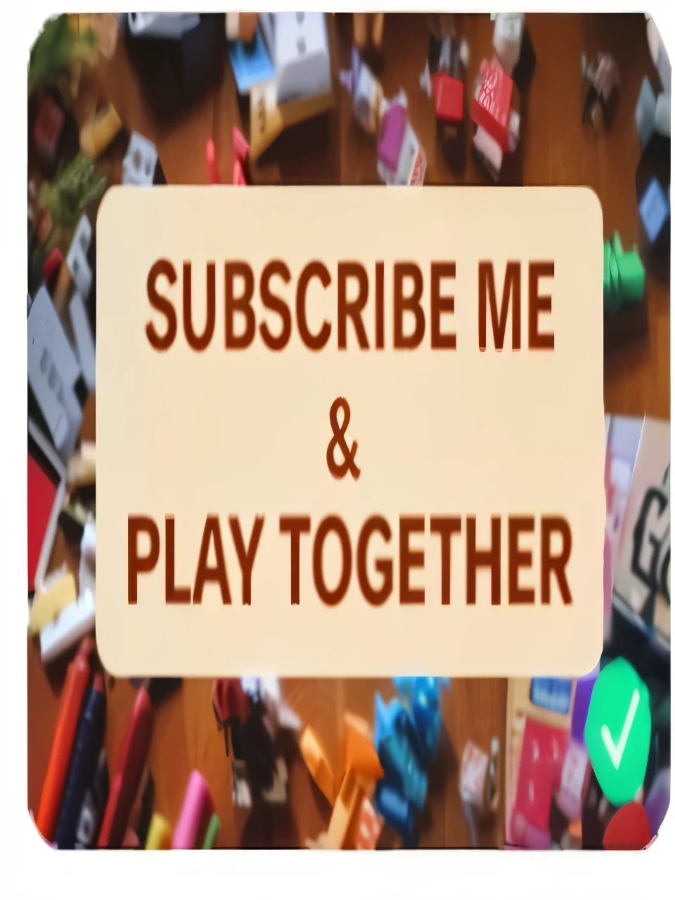 a close up of a table with toys and a sign that says subscribe me and play together, play, ad image, play in dnd, trending ，, help me, header text”, playing, medium poly, youtube thumbnail, 💋 💄 👠 👗, #trending, me, profile pic, advert, website banner, avatar for website, playful, please, music video, subtitles