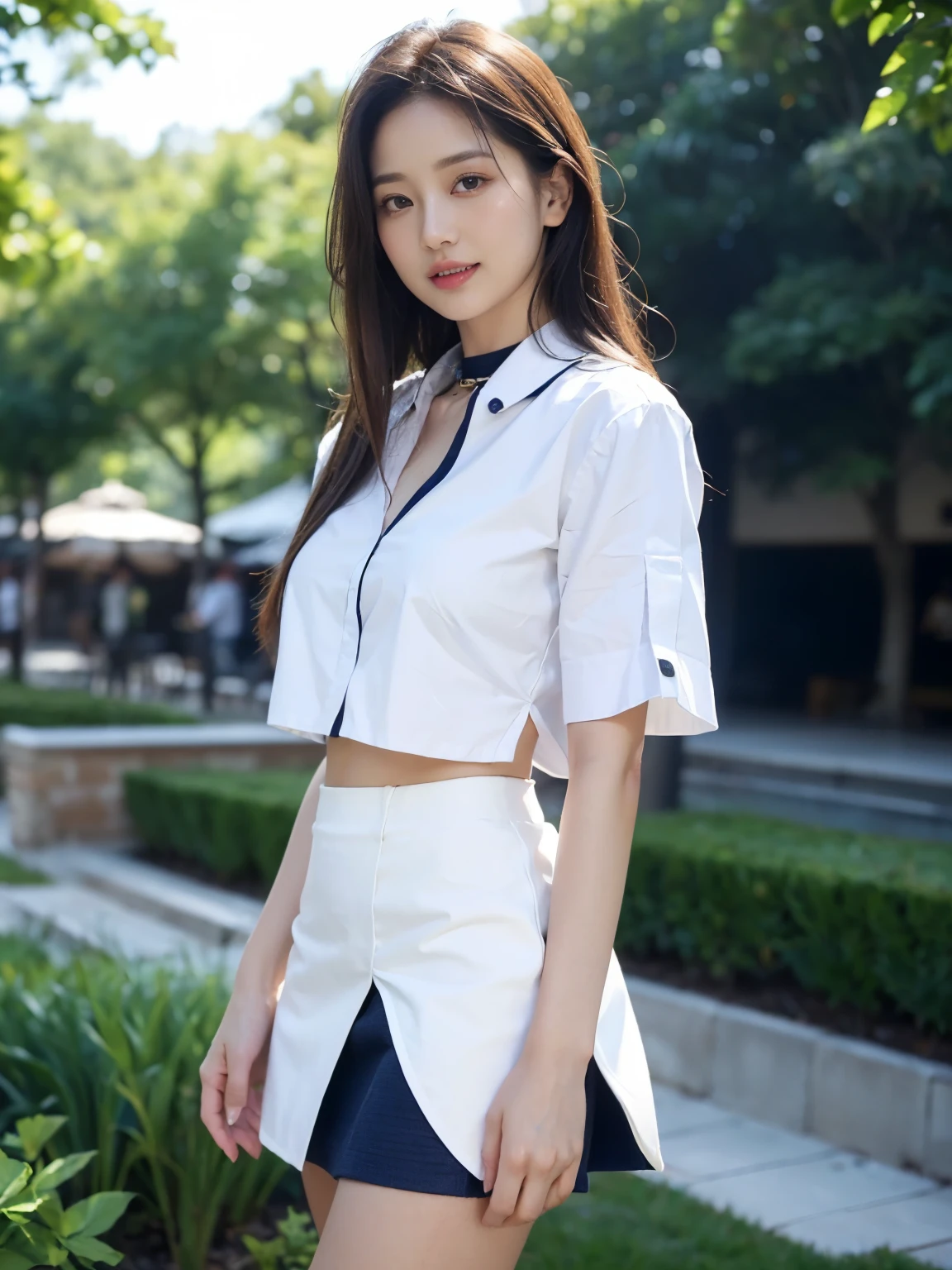 1 girl、green eyes, glossy lips ,Team Rocket,Team Rocket uniform, red letter R, white skirt,spread legs、show white panties,white crop top,black thigh high boots, black elbow gloves , looking at the viewer, evil smile, Vintage color with folded arms、Instagram(Photoreal、High resolution:1.4)、(slender woman)((puffy eyes))、look at the viewer、、Full body Esbian(8K、Raw photo、highest quality、masterpiece:1.2)、(realistic、Photoreal) :1.37)、(sharp focus:1.2)、professional writing、photon mapping、radio city、Physically based rendering、(white skin:1.2)、(medium breasts:1.2)、Viewer's perspective、(middle hair:1.5)、Portrait、brown eyes、(silver hair:1.1)、bangs、(simple background:1.4)、realistic、(masterpiece:1.4)、(highest quality:1.4)、(glowing skin)、((Short sleeve shirt with collar、Knee-length pleated skirt、black stockings))compensate、laughter(skinny、close your mouth、full of embarrassment:1.3)