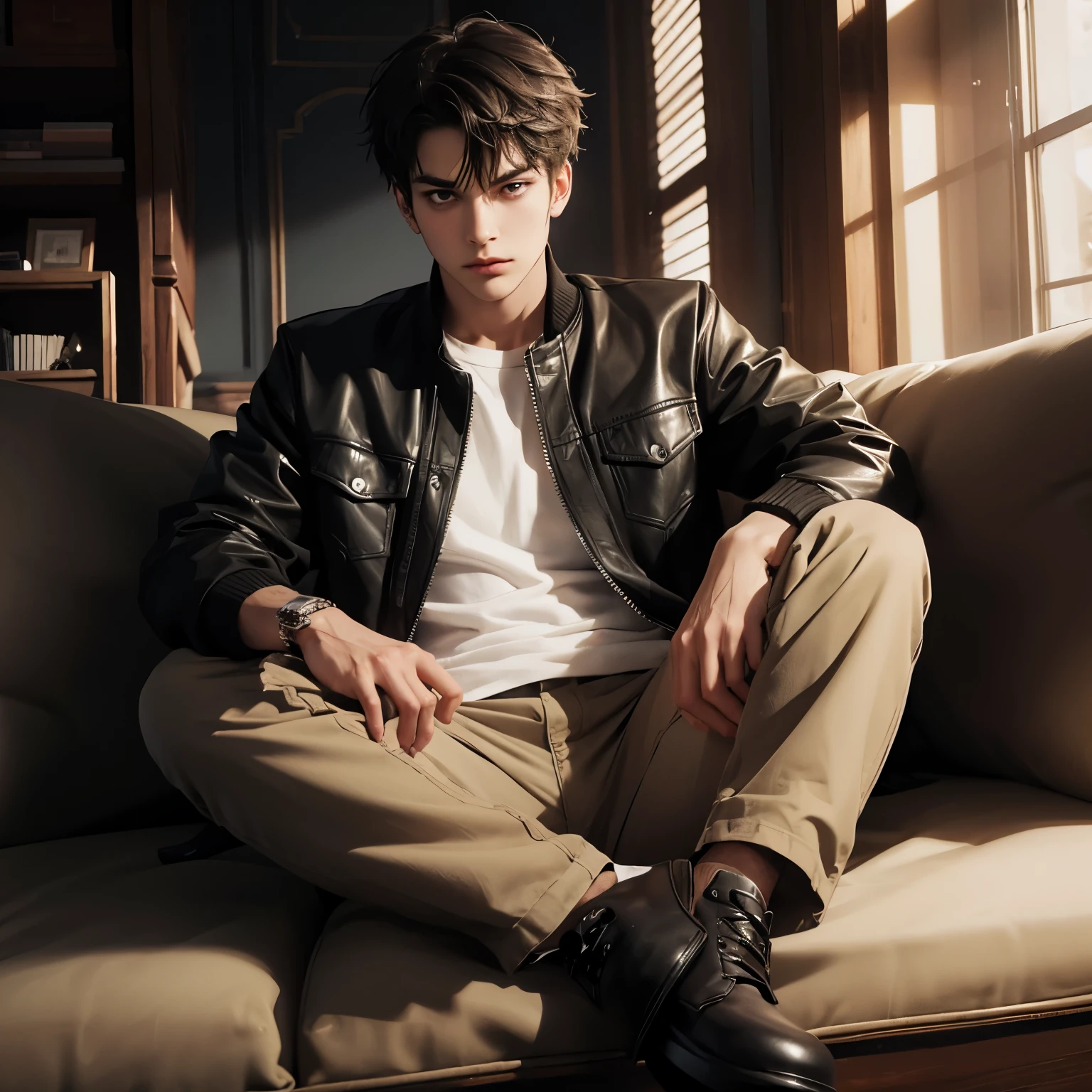 A boy, bad, cold gaze staring at you, sitting like a badboy pose, wearing black jacket with white shirt