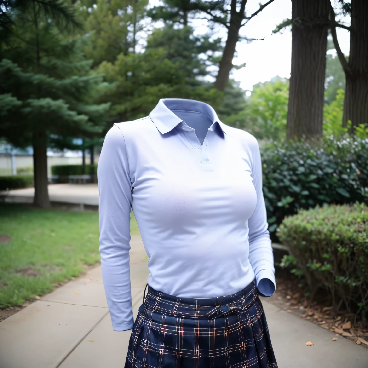 polo shirt, long sleeve, (arms behind back), school uniform, plaid skirt, (invisible, no humans, headless, faceless:1.5), cute big breasts