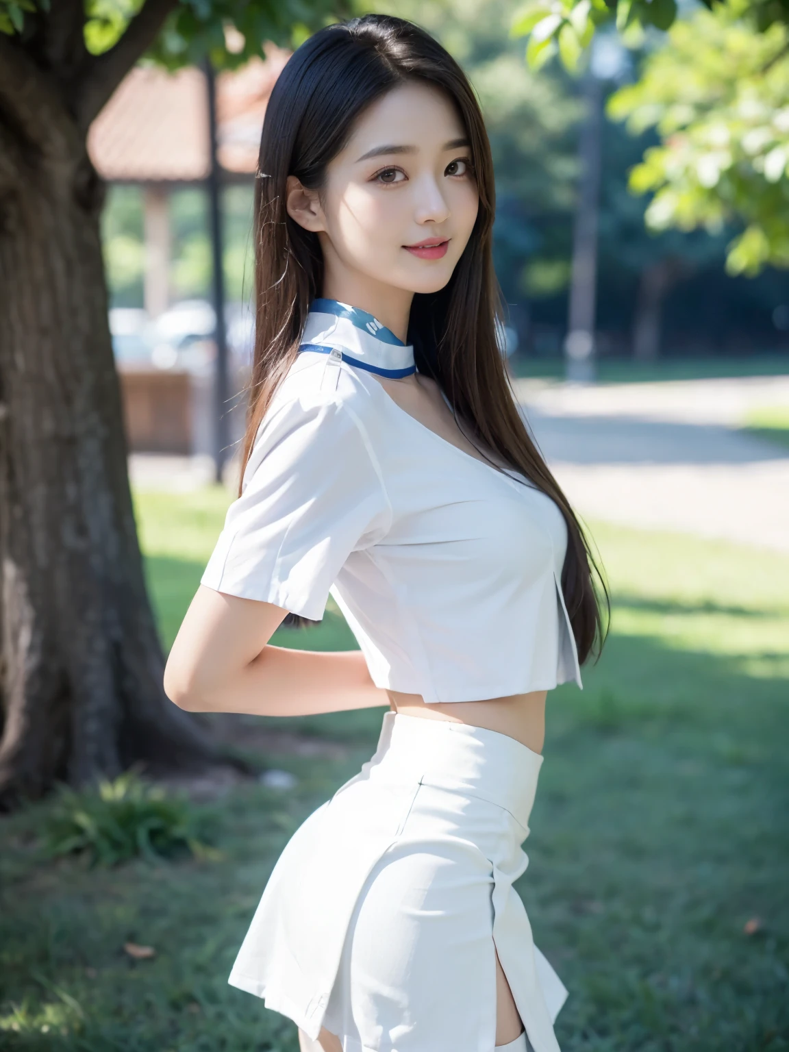 ((((highest quality))))、(((Ultra-precision CG16K wallpaper)))、(((masterpiece)))、(((Super detailed)))、(((super extreme details)))、１people&#39;s women、mature woman、25 year old woman、((chinese face))、((very beautiful face))、((Kitagawa Keiko:1.5))、((straight semi-long hair:1.3))、(shiny hair)、bangs up to eyebrows、beautiful brown hair、beautiful delicate eyes、brown eyes、raised eyebrows、high nose、small nostrils、small mouth、seductive lips、mouth slightly open、beautiful breasts、C cup size breasts、cleavage、plump body、perfect proportions、perfect anatomy、perfect composition、beautiful detailed shading、beautiful natural lighting、beautiful detail glow、Depth of the bounds written、(((High chroma)))、(((real:1.9)))、((vivid:1.4))、((beautiful skin))、((skin texture))、((realな皮膚感))、(((cowboy shot:1.5)))、((Angle seen from the front:1.5))、((smile:1.4))、(Eyes looking at me:1.5)、bright sunshine、(((lawn square:1.3)))、(standing pose:1.5)、(((Navy blue cropped open collar shirt、White double slit micro miniskirt clothing:1.6)))、