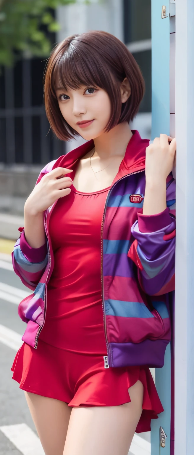 neat idol、whole body、good style、、、、red swimsuit、purple colorful short hair、Jacket