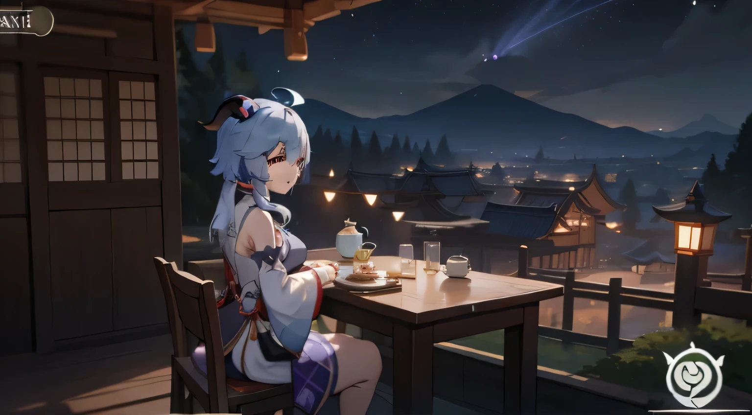 Anime style screenshot of a woman sitting at a table with a teapot, ayaka game Genshin impact, ayaka Genshin impact, Brew a potion inside a witch'Close the door, Drinking tea and paper lanterns, Genshin, stylized anime, Video game screenshots>, Inspired by Lam Qua, alchemist girl, Calm expression, Genshin impact character, keqing from Genshin impact1girl, alone, long hair, breast, Bangs, bare shoulders, sitting, blue hair, purple eyes, ahog, side lock, Outdoor activities, Detached sleeves, trumpet, Sky, artist name, bell, night, night Sky, landscape, neck bell, white sleeves, Mountain, architecture, goat trumpet, employment \(Genshin衝擊\)