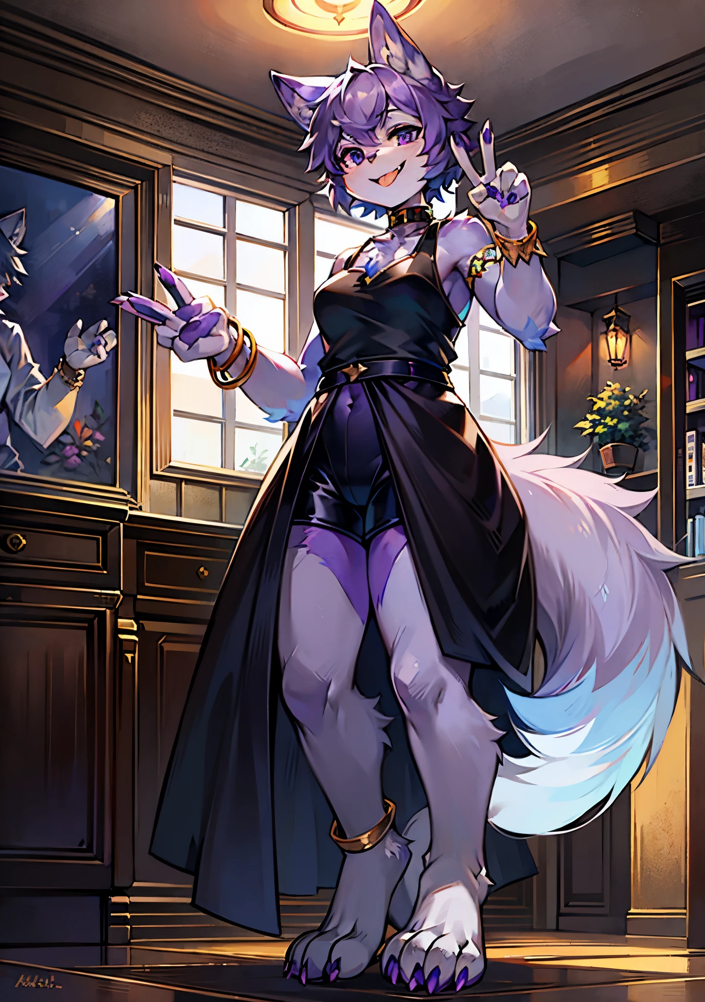 High Picture Quality,coffeehouse,potted,mid day,blue-sky,Single player,Wolf animal human form,musculature,No spot,female figure,Full body standing painting,short detailed hair,light purple fur,Deep blue wolf ears,Hairy wolf tail,Deep gray tail root,White tail tip,Dark purple arm,lavender paws,Hands in peace sign with just two finger up,The limbs are wolf paws,4 purple fingers,4 purple toes,Look to the left,Happy expression with tongue hanging out slightly,Black clothes,Black shorts,A silver bracelet,stand posture。