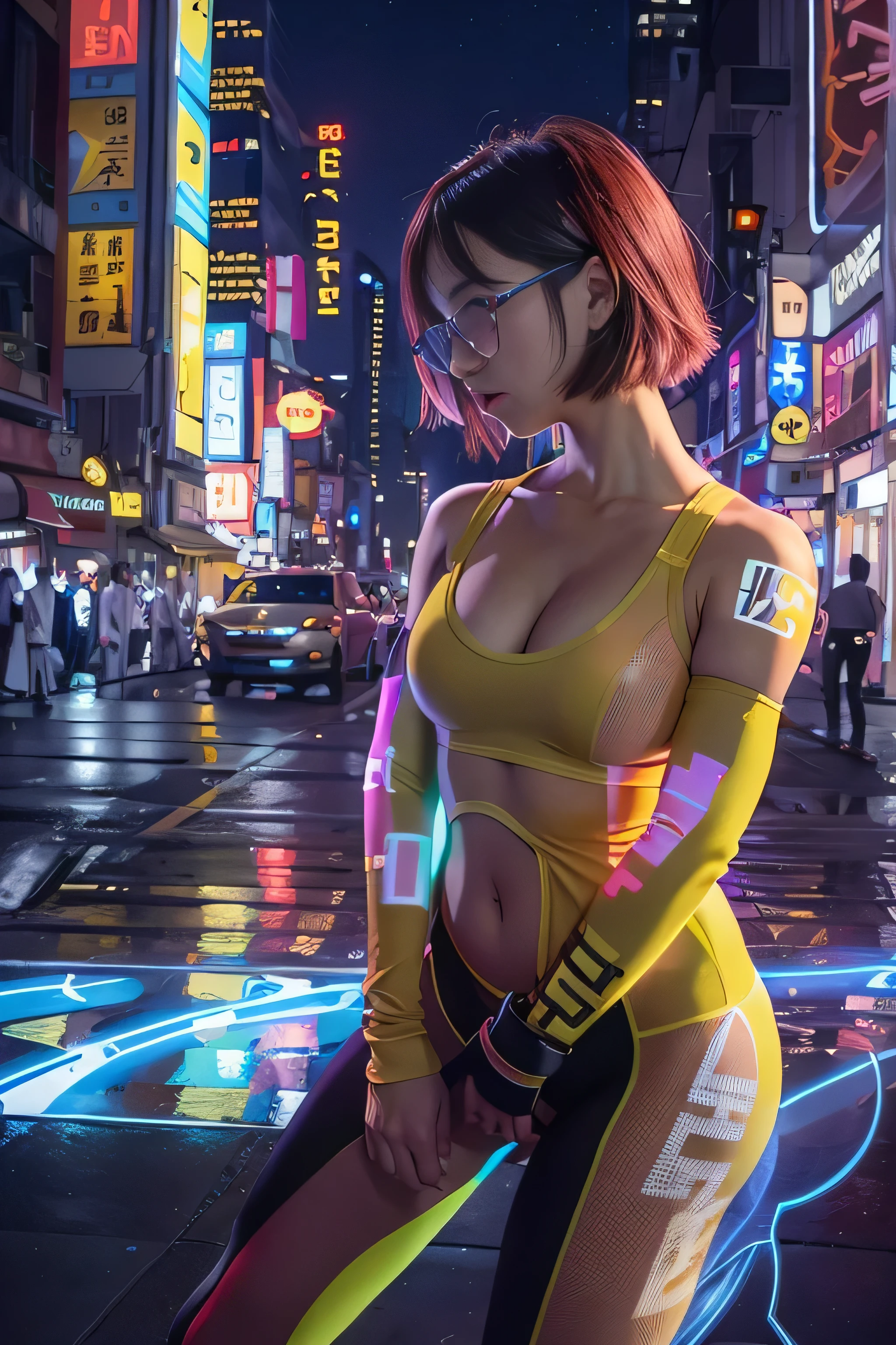 RAW image quality, 1 girl, Japanese, , table top, Dystopian city with neon signs and holograms projected on buildings and sky, slim beautiful woman, Surrounded by neon-lit reflections of the cityscape, written boundary depth, Beautiful woman with slim figure, (poke the nipple:1.4), (nipple protrusions are visible), hologram tight sheer clothes, fit girl, Strong lighting hits the bodysuit, hourglass figures, high contrast clothing, hologram clothes, (walk towards the camera), (Look into the viewer's eyes), lipstick, yellow virtual reality glasses, Red and straight berry short hair, night, cyberpunk aesthetics, highly detailed lighting, dramatic, In 8K, high detail, skin texture, リアルなskin texture, armor, highest quality, High resolution, Photoreal