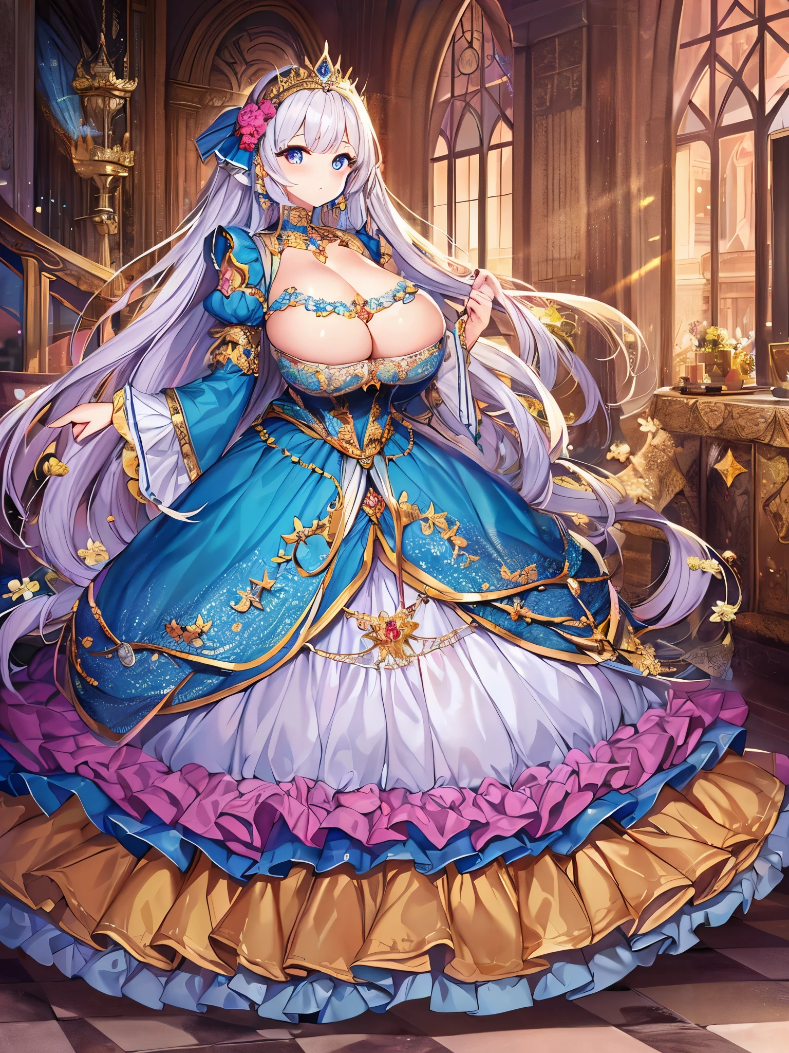 anime artstyle,Masterpiece,Best Quality,Super Detail,Very Delicate and Beautiful,Solo,full body,full body portrait,((1 princess in a jeweled rococo ballgown with beautiful embroidery)),(((very gigantic tits))),cleavage,Skindentation,((fantasy castle,outdoor)),((crinoline,long train)),super detailed gorgeous princess ballgown with voluminous full length hoop skirt,gorgeous princess rococo ballgown with long train,gorgeous princess rococo ballgown with beautiful embroidery and jeweled,(detailed face and eyes),jewel-like eyes,((extremely voluminous straight Hair,Extremely Long Straight Hair)),extremely gorgeousfull hair ornament,(bling-bling extremely gorgeousfull jeweled tiara),luxurious jewelry,((beautiful embroidery and jeweled gorgeous princess rococo ballgown with voluminous full length hoop skirt)),full body