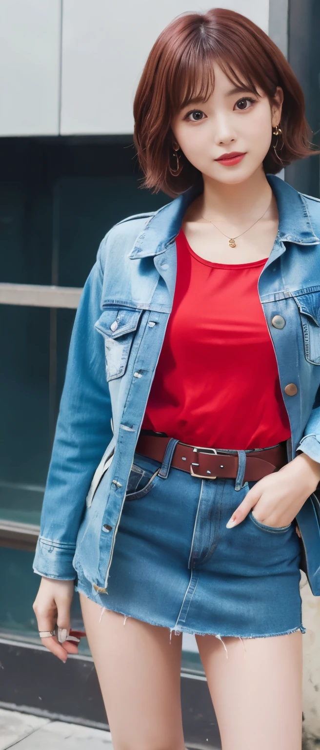 neat idol、whole body、good style、、、、Red Mini Dress、colorful short hair、Jacket