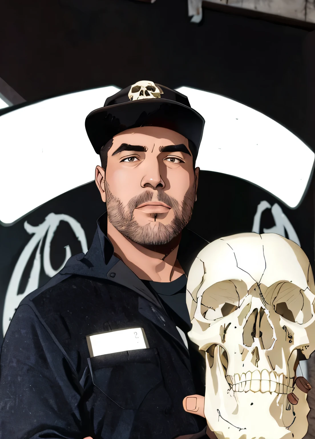 there is a man holding a skull in his hand, imagem de perfil, imagem de perfilture, Luis Nieves Sr.., Frank Kozik, imagem de perfil, joe alves, david rios ferreira, holding a skull, inspirado em Christopher Williams, gelo - t, imagem de perfil, holding a skull staff, Joel Torres, headshot imagem de perfilture, skull, Tony Sandoval