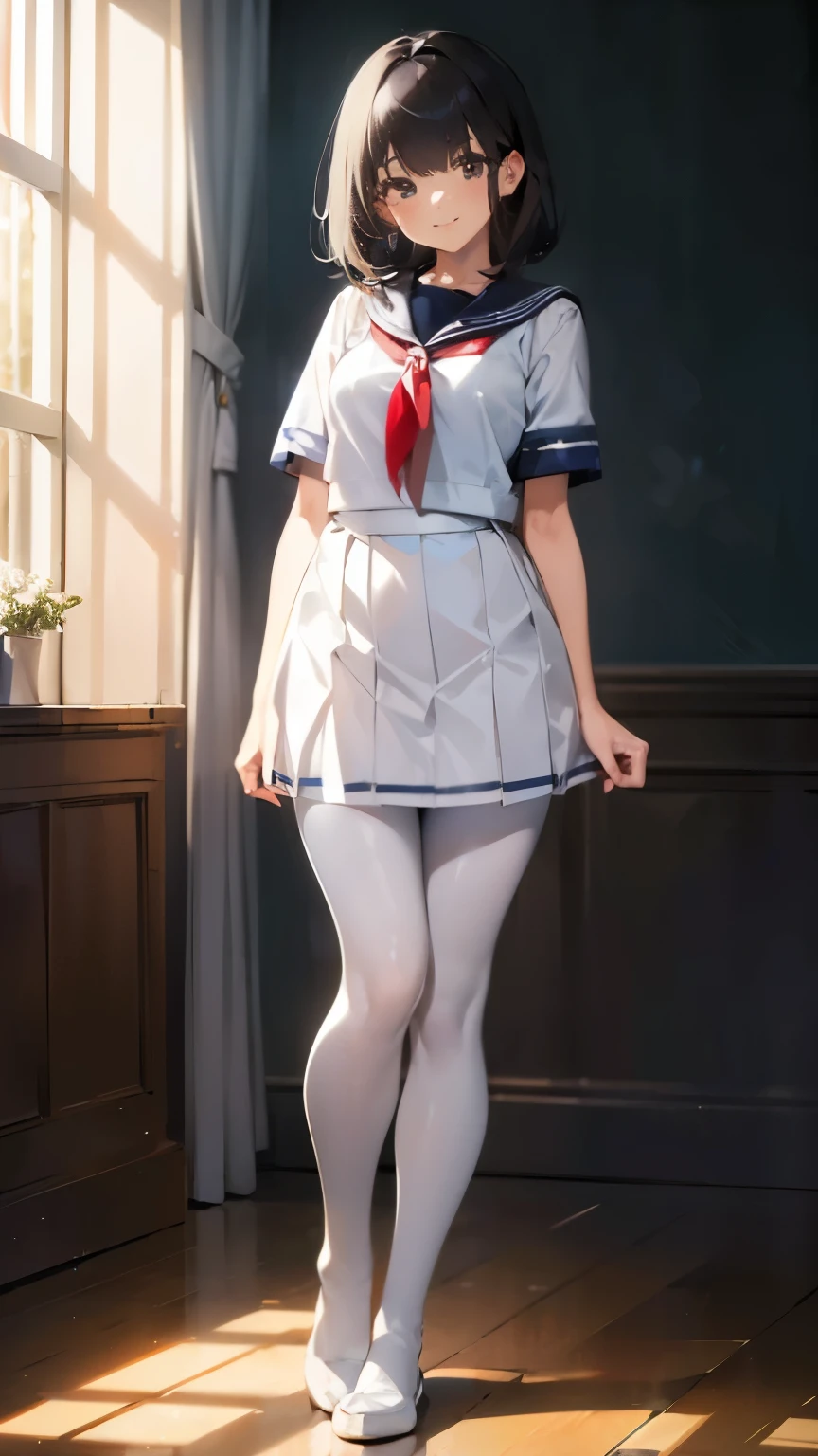 (((masterpiece, highest quality))), 1 girl, sailor suit, skirt, black hair, messy hair, mature, white pantyhose, shiny pantyhose, shiny skin, best lighting, best shadow, disorganized, Are standing, put your hand on your waist, lewd smile, very cute,full body portrait