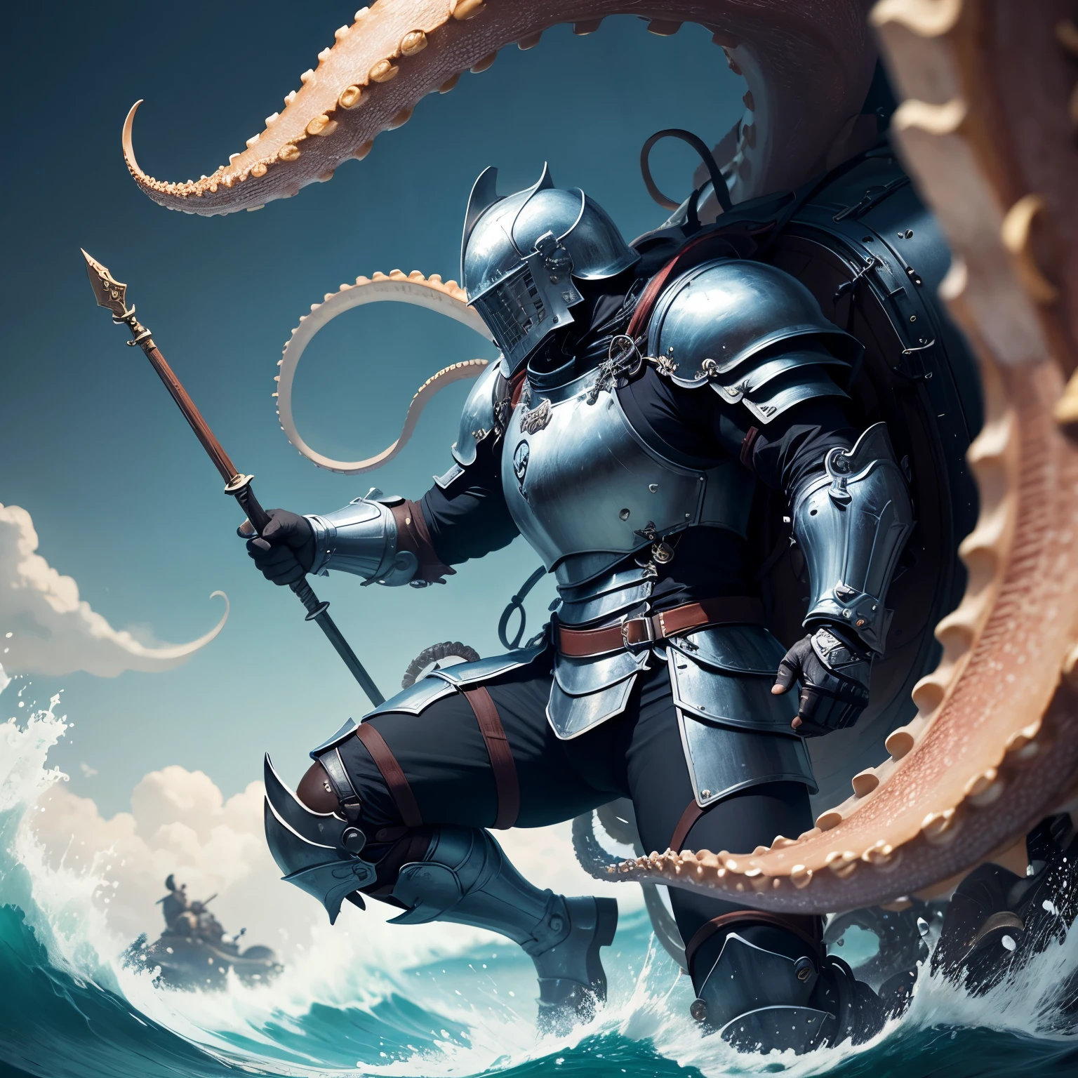 highest quality。masterpiece。detailed details。Wearing armor like a diving suit、A knight wearing armor and riding a large octopus。The background is underwater。