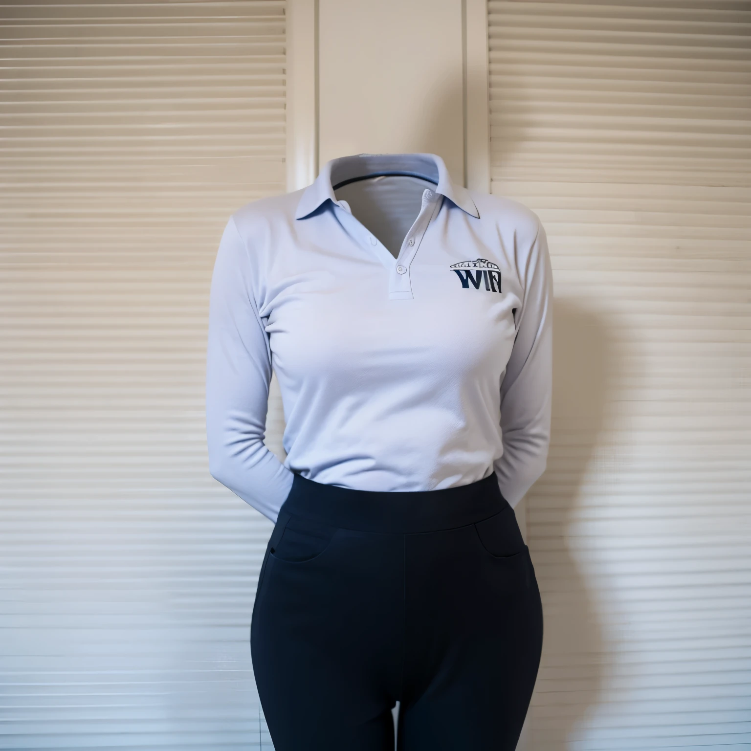 polo shirt, long sleeve, (arms behind back), school uniform, leggings pants, (invisible, no humans, headless, faceless:1.5), cute big breasts