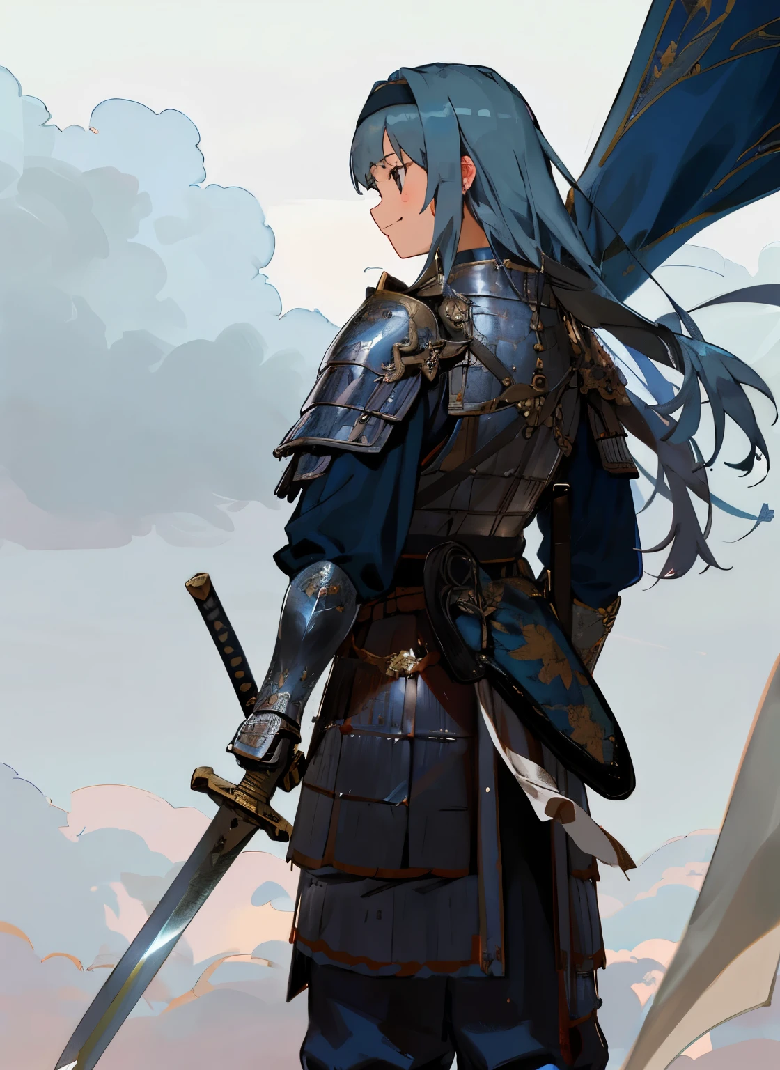 (realistic, realistic: 1.1), Scale armor, which armor, (masterpiece:1.1025), (highest quality:1.05), (very delicate and beautiful:1.05), (Highly detailed CG Unity 8k wallpaper:1.05), (absurd:1.05), (super detailed:1.05), (1 girl:1.1), cowboy shot, (holdingsword:1.3), (sword:1.3), Pink Armor , fine blue long hair, bangs, fine black eyes, armored headband, armored dress,flames of war,Depth of the bounds written, outdoors, detailed cloudy sky, silver decoration, light blue trim, shiny skin, delicate pattern, intricate details,blue armor,表情は真swordです、smiling expression、Dark blue trousers Ghibli style back view swordは 1I have a book whole body