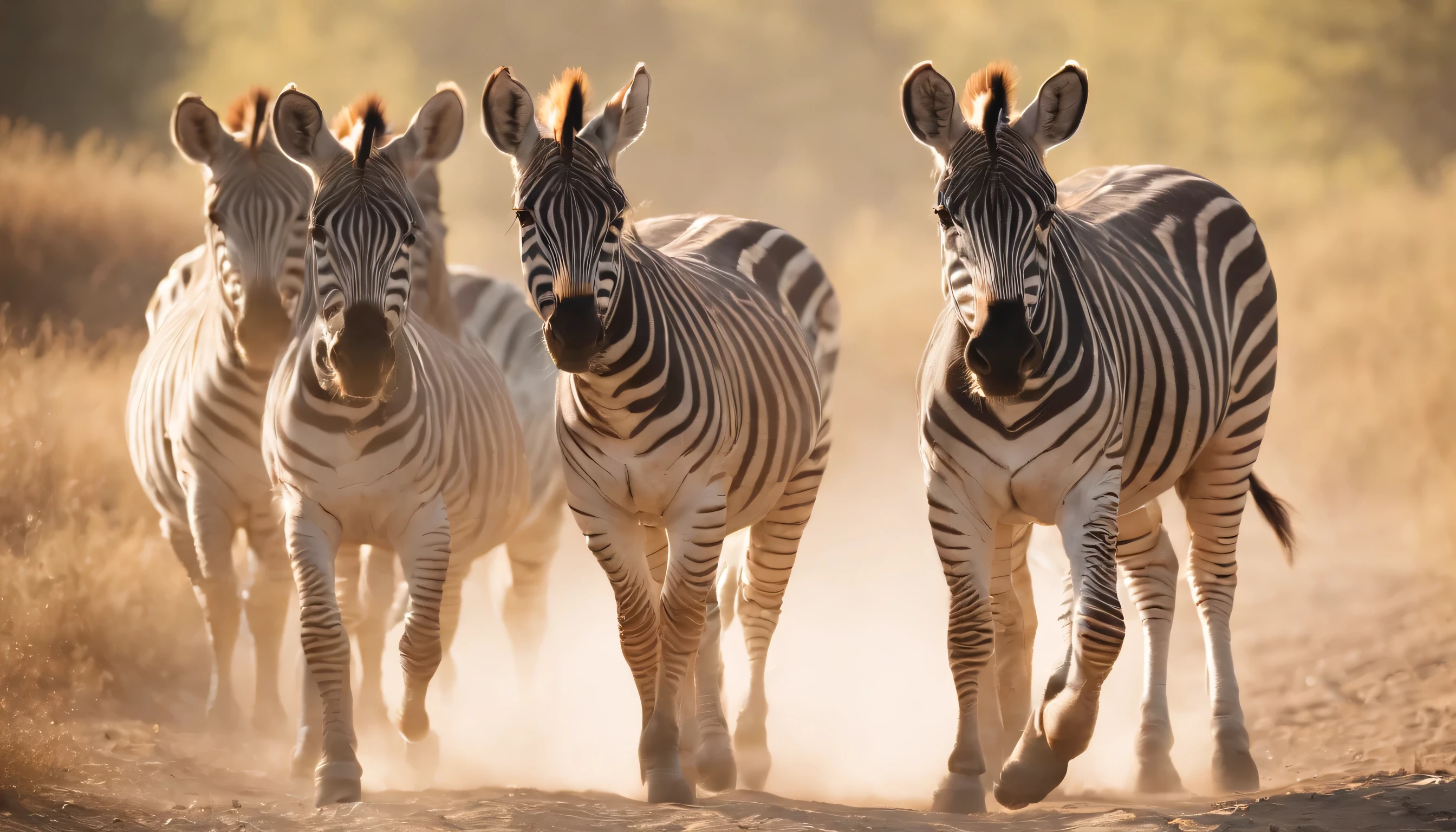 (Highly detailed CG Unity 8k wallpaper、masterpiece、highest quality、Super detailed)、(best lighting、best shadow、very delicate and beautiful)、highest quality、8k、Detailed facial depiction、masterpiece、highest quality、clear image quality、
Photo of a herd of zebras walking gracefully in the morning sun。