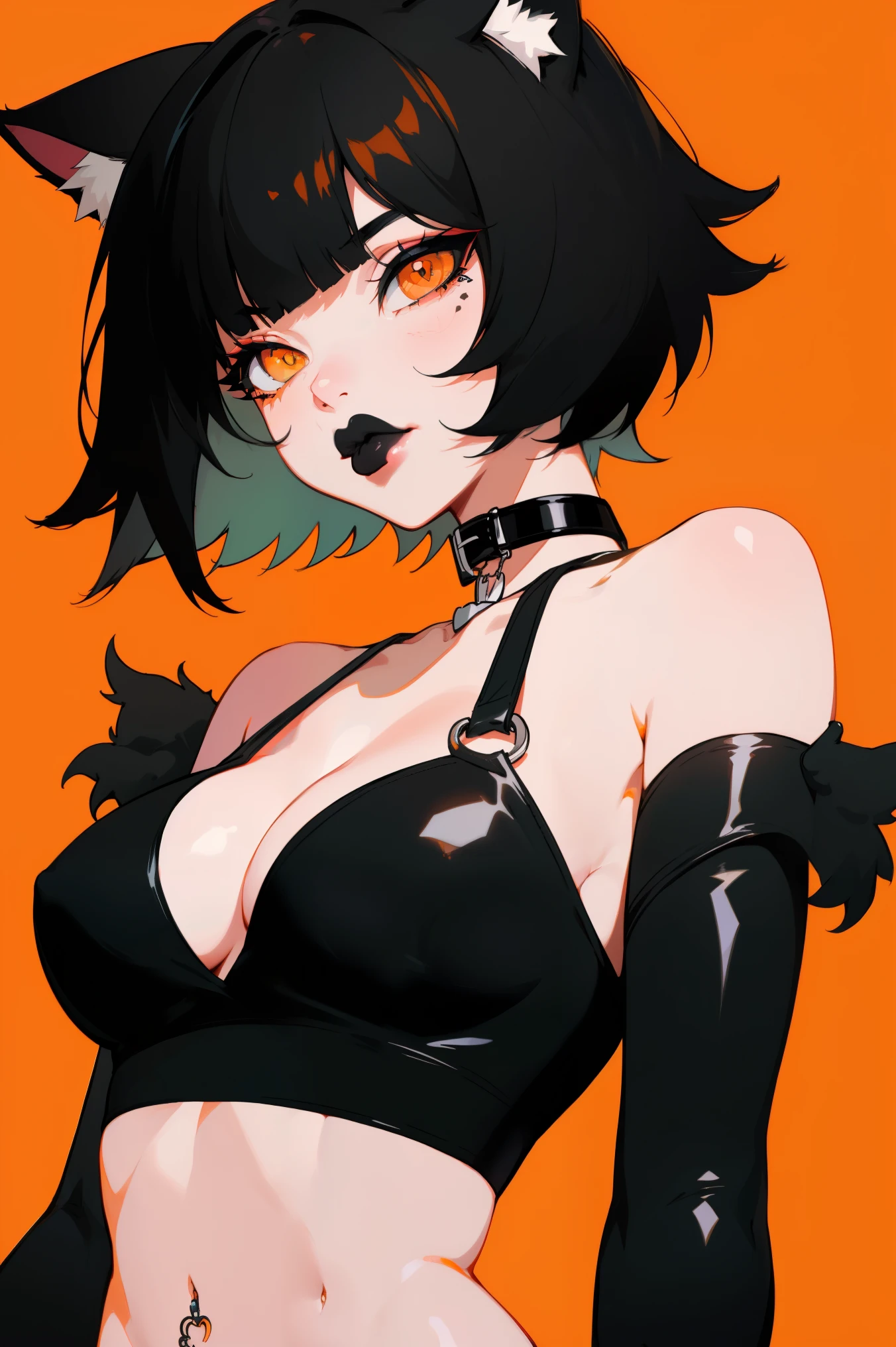 1girl, solo, jewelry, animal_ears, black_lips, short_hair, breasts, black_hair, earrings, makeup, cat_ears, orange_eyes, looking_at_viewer, navel, cleavage, lipstick, bangs, piercing, medium_breasts, collar, upper_body, gloves, elbow_gloves, bare_shoulders, slit_pupils, choker, necklace, midriff, orange_background, strapless