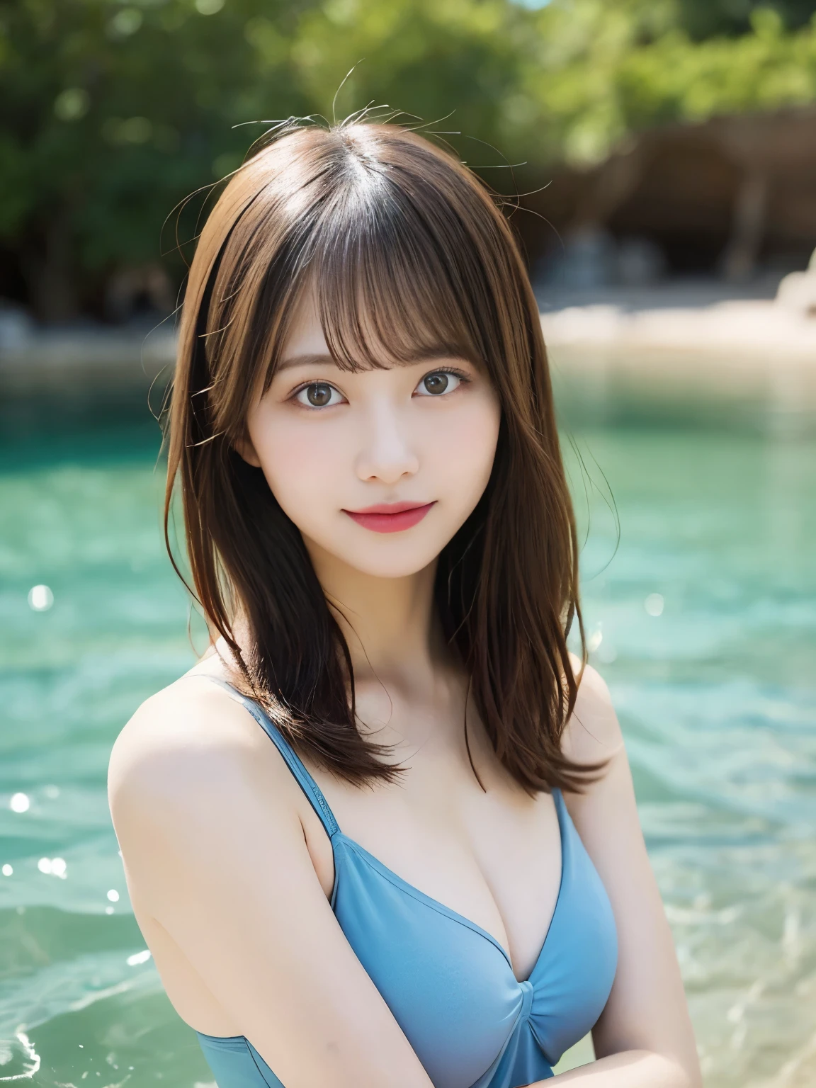 muste piece, best quality, illustration, Super detailed, fine details, High resolution, 8K Dende Wallpaper, perfect dynamic composition, beautiful detailed eyes, she is wearing a light blue bikini swimsuit,medium hair,natural color lip, shy smile,Harajuku style、20 year old girl、There is only one person, bust up photo、don't tilt your head、correct posture、stretch your back、Never show your hands、stand up straight、cute type、looking at camera、C cup breasts、golden hair、I won't touch you、Blurred sea water background