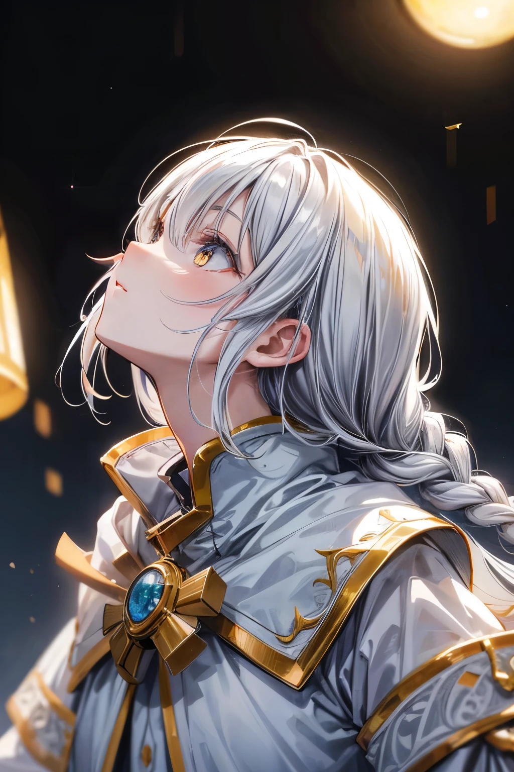 ((Masterpiece)), (Anime:1.3), ((best quality)), (RAW photo: 1.2), (High Definition:1.3), (Professional Photography:1.2), (12 years old), profile, from side, silver hair, gold eyes, Gorgeous white clothes, (looking up:1.5), upper body, Fair skin, soft braids, (faint candlelight), hairs in the air,