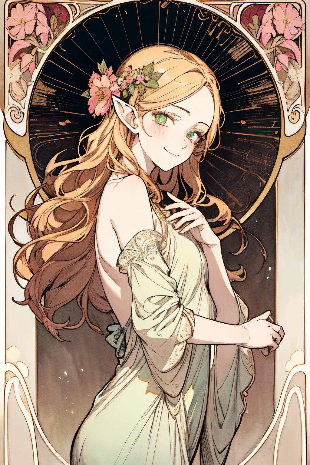 (art nouveau:1.25), Maximalism artstyle,neon theme,suprematism,beautiful detailed flower, beautiful detailed eyes,hyper detailed,flower,hyper quality,,eyes,flower and hair is same color,beautifuly color,face,her hair is becoming flower, flower,hair,flower,butterfly,,1girlkawaii,,high details, high quality,back light,hair and clothes is flower,upper body ,high quality,hair with body ,webbed dress, upper body, flower leg, flower hands,body with flower,    flower with clothes , dress with flower, , light particles,black background,  Hair with flower,small breast with flower,floating hair with flower,floating1girl,small breast,  marbling with hair and clothes, looking at viewer,original,arm down, paper cutting, black background, flower forground,  hair with flower,highres, hair with  flower,hair with flower ,hair,  wavy hair ,diffusion lighting, abstract,Butterfly with  body,   flower with hair, her hair is flower,big top sleeves, floating,pupils, [[hair over one eye]],dark SFW,masutepiece, Best Quality, High resolution, 1girl in, upper body, Details Girl, detail hands, Detail fingers, Detail Face, detail legs, 1girl in, elf, watercolor paiting, pale skin, , Blonde hair, Long hair, Wavy Hair, Green eyes, tareme, medium breasts, white sundress, Bare back,flower wall panel background,looking at viewer,[[tears]],smile