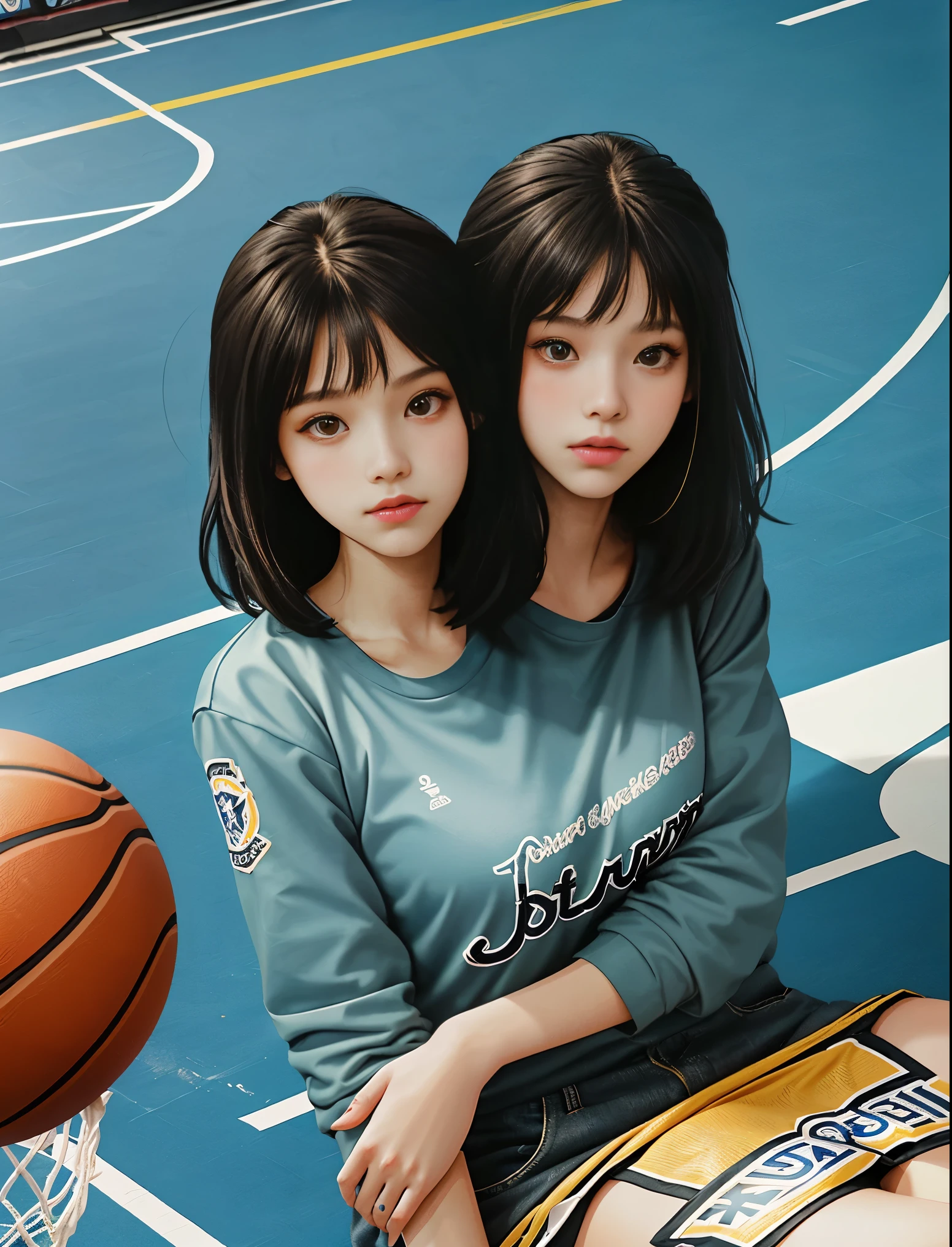 2000s fashion, high-angle photo, conjoined_dicephalus, (two heads:1.2), shot with Fujicolor C200, capturing a girl sitting down on a basketball court as a backdrop, colorful melancholy, flickr, associated press photo,upper body