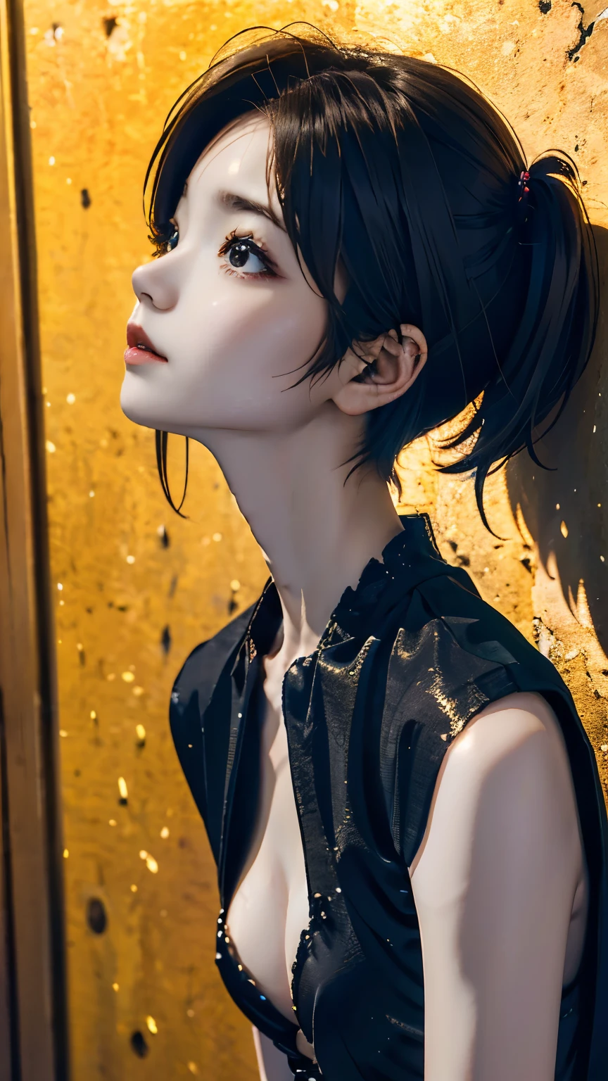 ((wallpaper 8k)), ((surreal)), ((Quality with attention to detail:1.2)), 1 girl, １４talent、kind eyes、plump lips、ash gray hair、An ennui look、(((small breasts、small breasts)))、black classy dress,black capelet, look up, widespread poverty, short cut hair、short hair twin tails、ash gray hair:1.5、white skin、