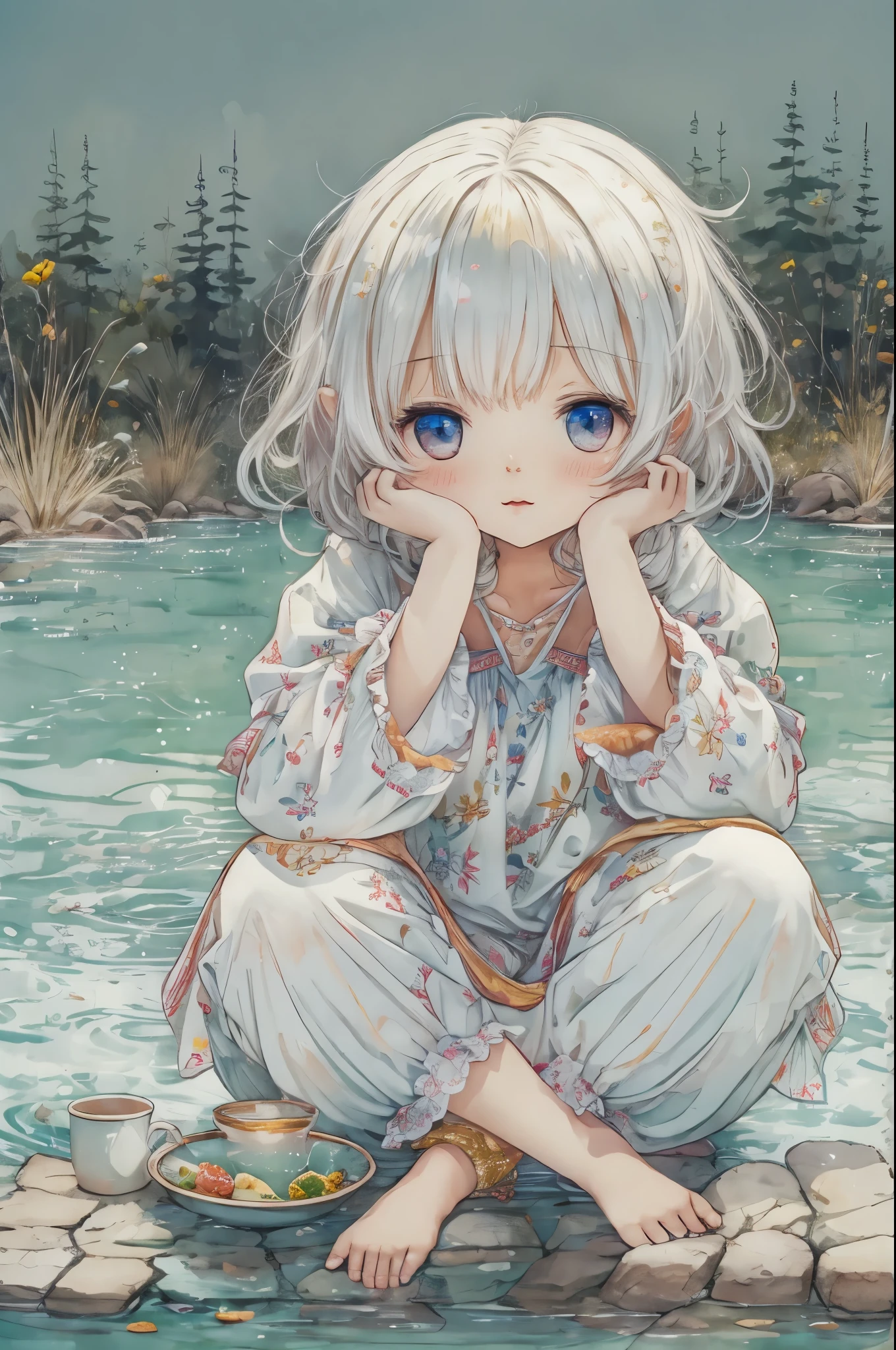 White background，Girl sitting at the water's edge，wearing pajamas