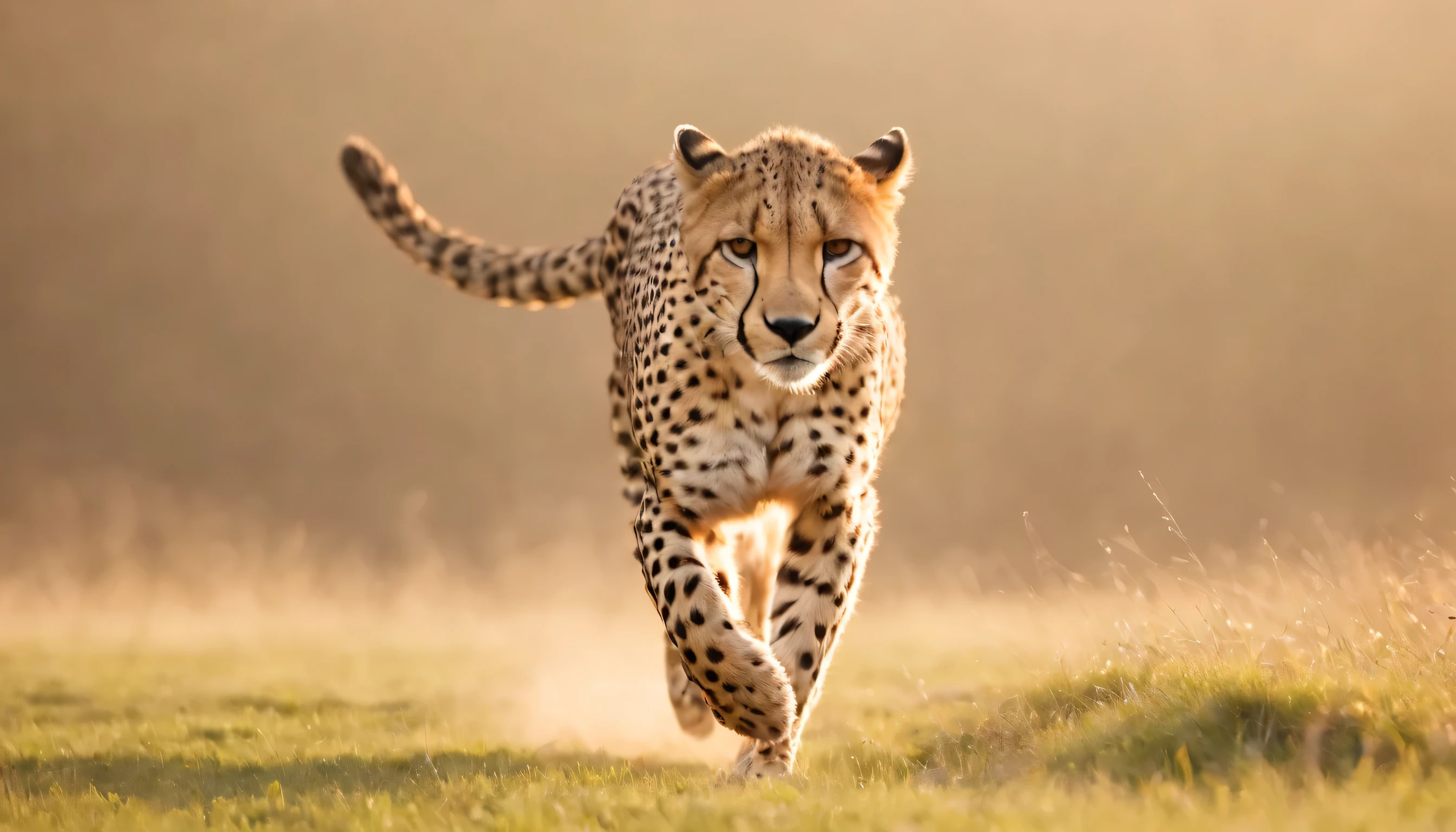(Highly detailed CG Unity 8k wallpaper、masterpiece、highest quality、Super detailed)、(best lighting、best shadow、very delicate and beautiful)、highest quality、8k、Detailed facial depiction、masterpiece、highest quality、clear image quality、
green々A photo capturing the agile movements of a cheetah running through grassland。