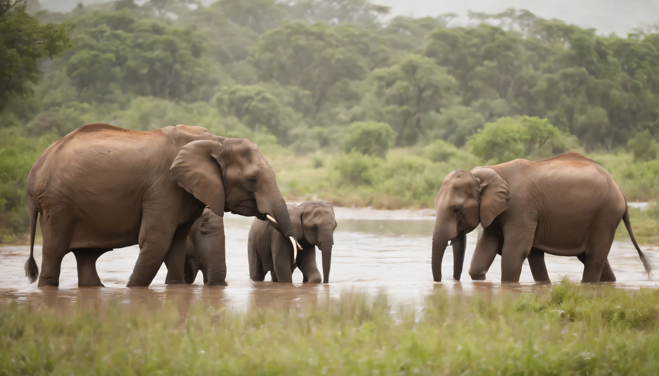 (Highly detailed CG Unity 8k wallpaper、masterpiece、highest quality、Super detailed)、(best lighting、best shadow、very delicate and beautiful)、highest quality、8k、Detailed facial depiction、masterpiece、highest quality、clear image quality、
Photo of an elephant family drinking water at a waterhole。