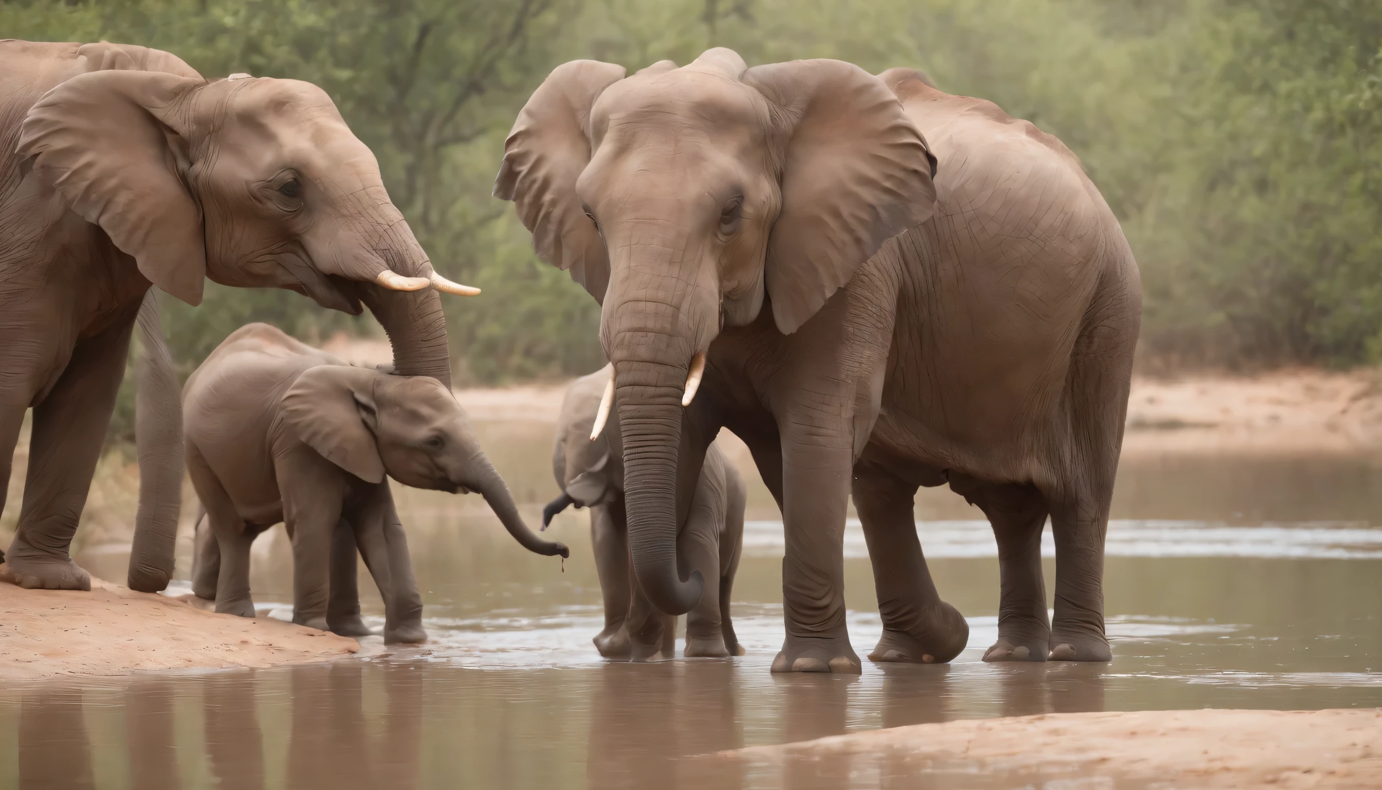 (Highly detailed CG Unity 8k wallpaper、masterpiece、highest quality、Super detailed)、(best lighting、best shadow、very delicate and beautiful)、highest quality、8k、Detailed facial depiction、masterpiece、highest quality、clear image quality、
Photo of an elephant family drinking water at a waterhole。