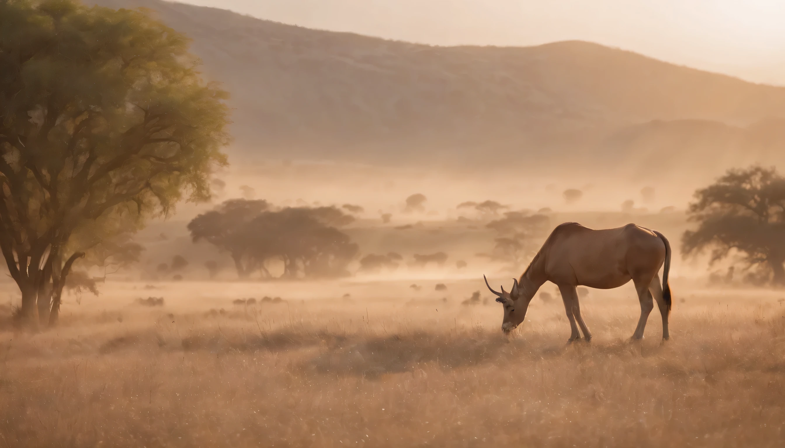 (Highly detailed CG Unity 8k wallpaper、masterpiece、highest quality、Super detailed)、(best lighting、best shadow、very delicate and beautiful)、highest quality、8k、Detailed facial depiction、masterpiece、highest quality、clear image quality、
A photo capturing the beautiful scenery and animals at dusk spreading across the savannah grassland..。