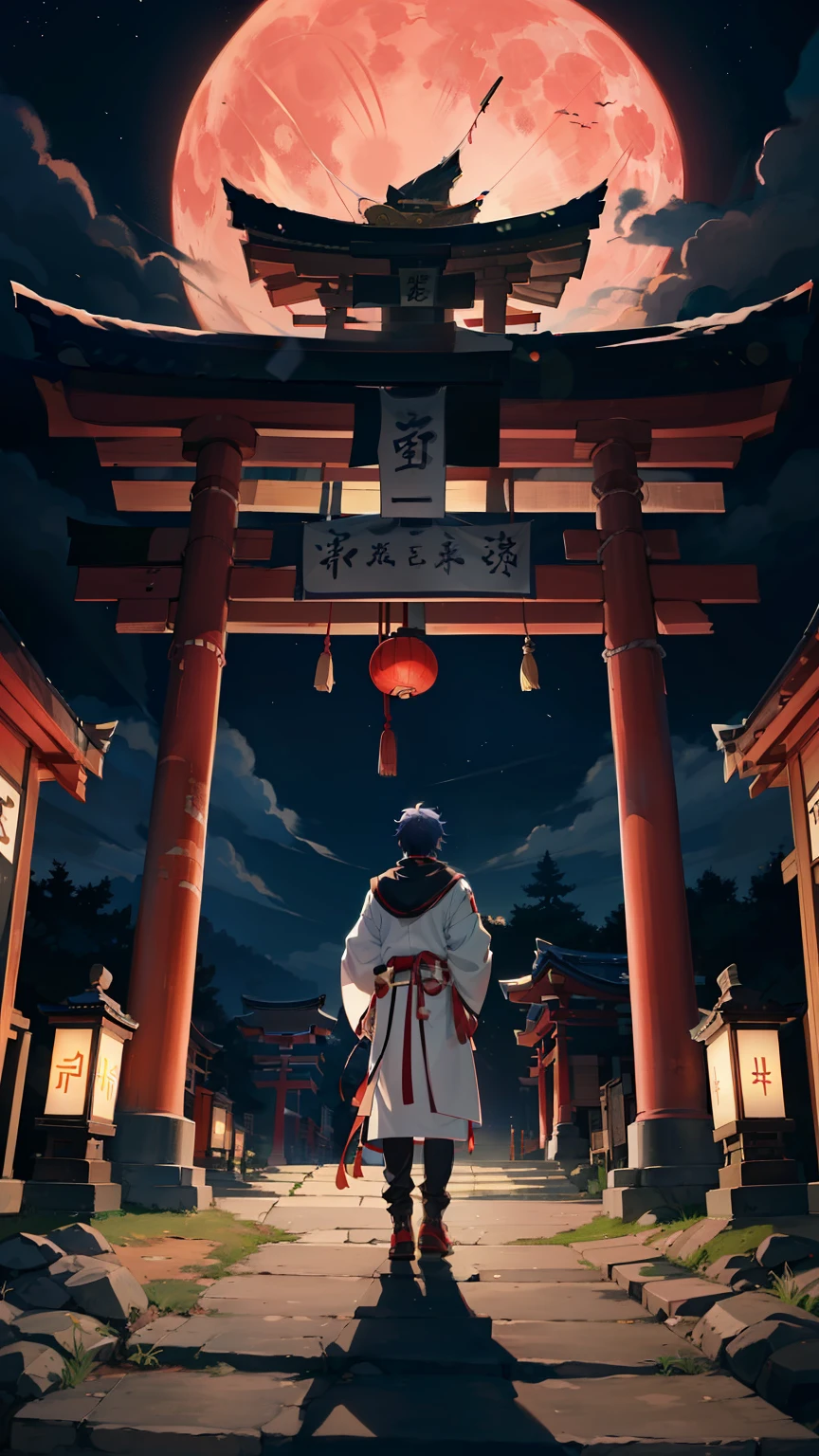A boy wearing a white onmyoji costume,Standing in front of the torii gate of the shrine,The background is a full moon, anime wallpaper 4k, anime wallpaper 4k, anime art wallpaper 4k, Japanese art style, anime epic artwork, anime background art