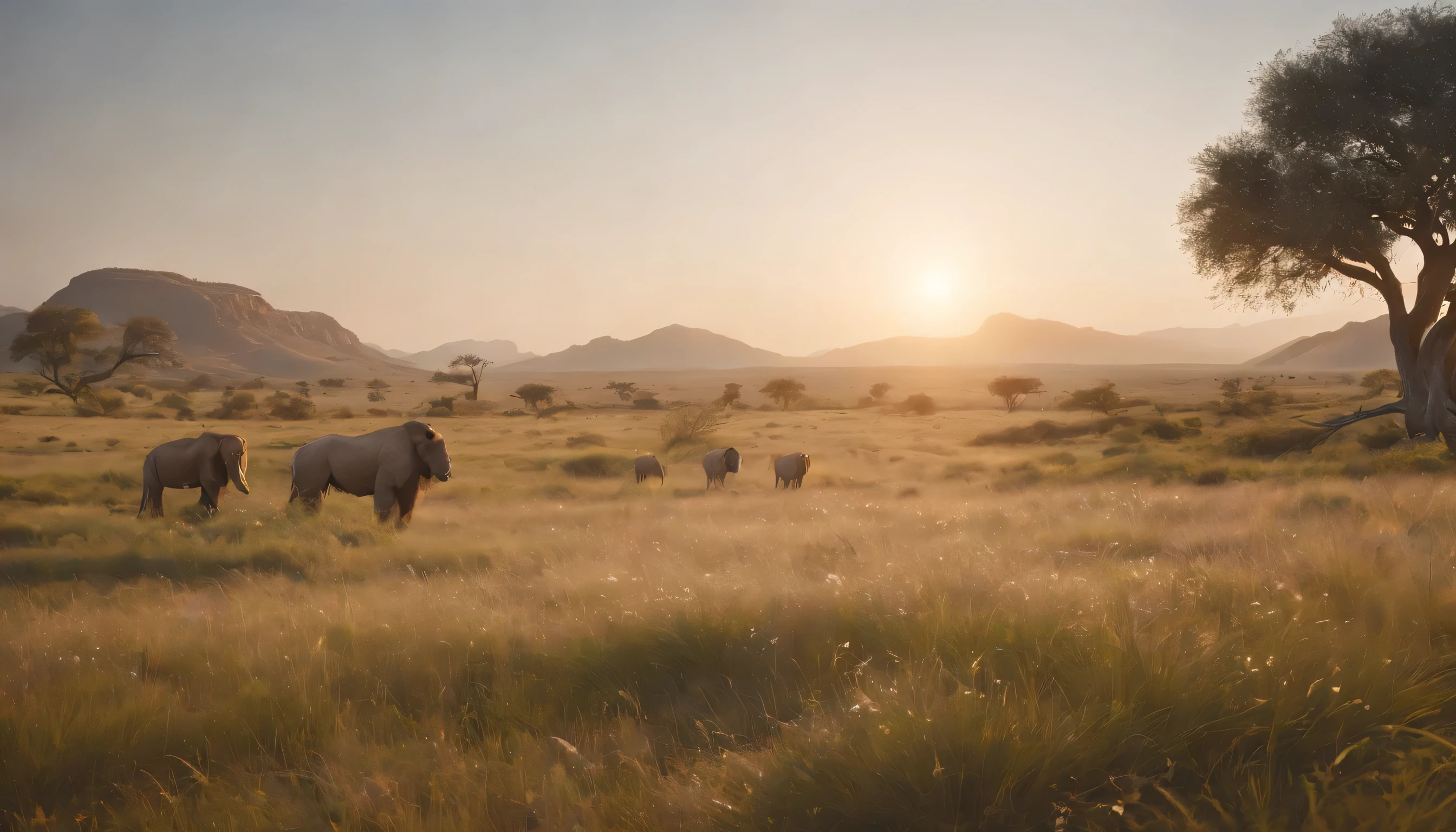 (Highly detailed CG Unity 8k wallpaper、masterpiece、highest quality、Super detailed)、(best lighting、best shadow、very delicate and beautiful)、highest quality、8k、Detailed facial depiction、masterpiece、highest quality、clear image quality、
A photo capturing the beautiful scenery and animals at dusk spreading across the savannah grassland..。