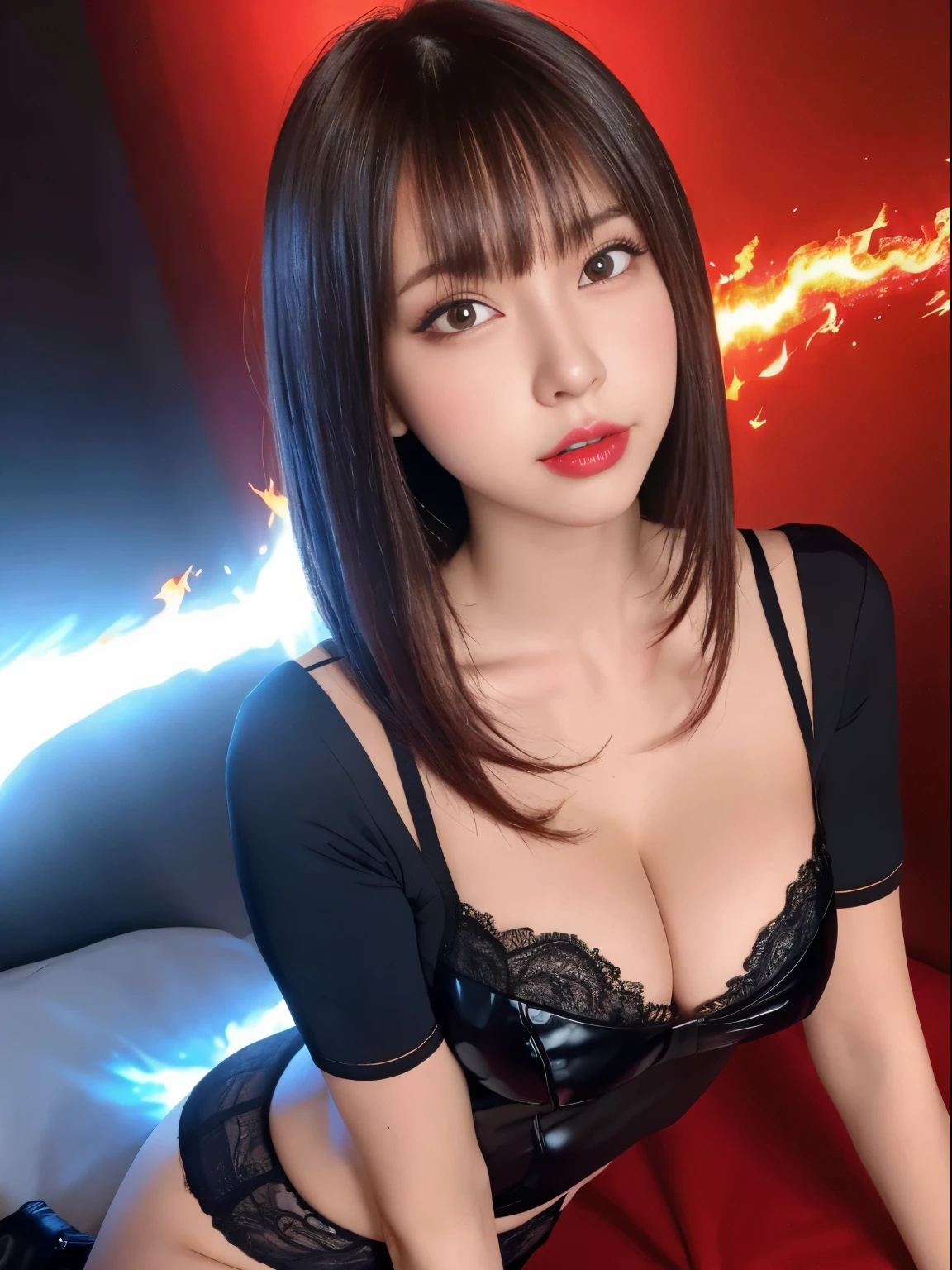 1girll,brunette color hair,red - eyed,Fire Witch,Blood,light particules,llight rays,Wallpapers,hight contrast,Dazzle,full bodyesbian,blackstockings