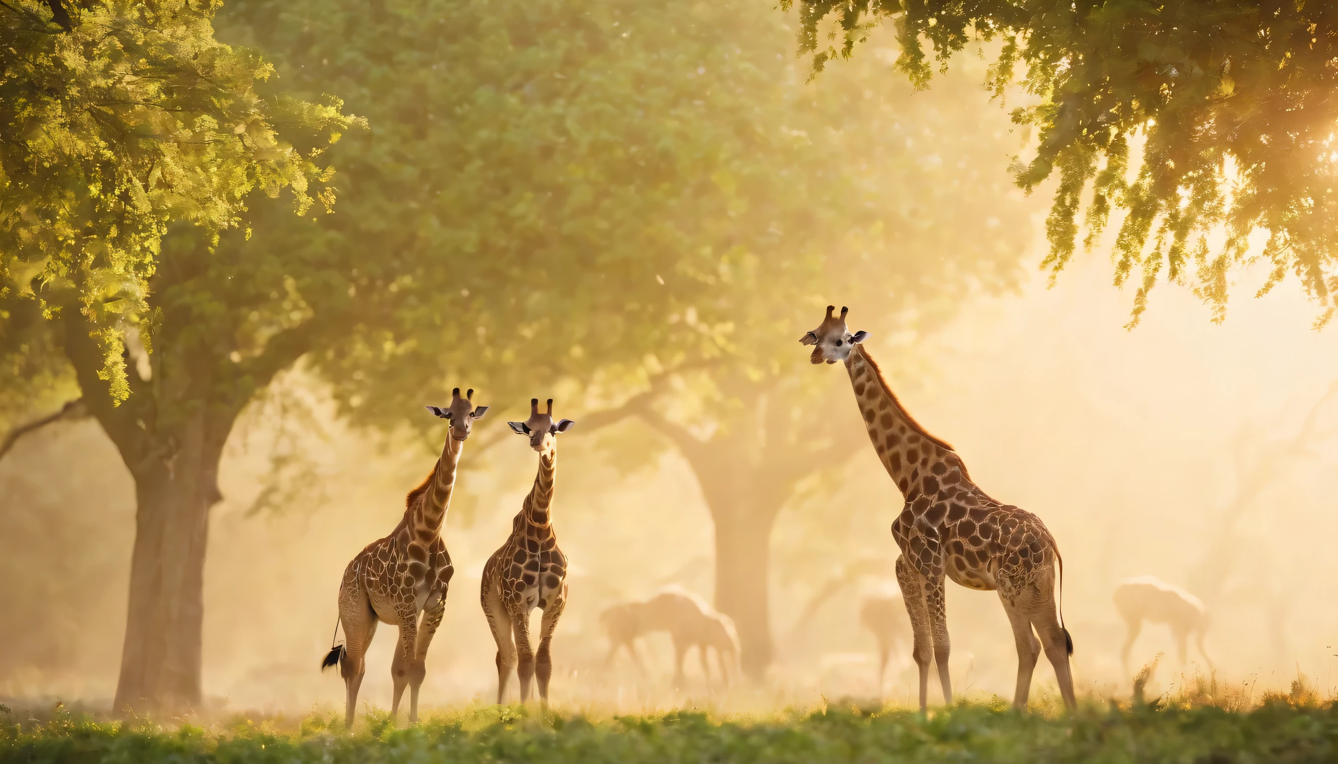 (Highly detailed CG Unity 8k wallpaper、masterpiece、highest quality、Super detailed)、(best lighting、best shadow、very delicate and beautiful)、highest quality、8k、Detailed facial depiction、masterpiece、highest quality、clear image quality、
Photo of a herd of giraffes eating leaves。