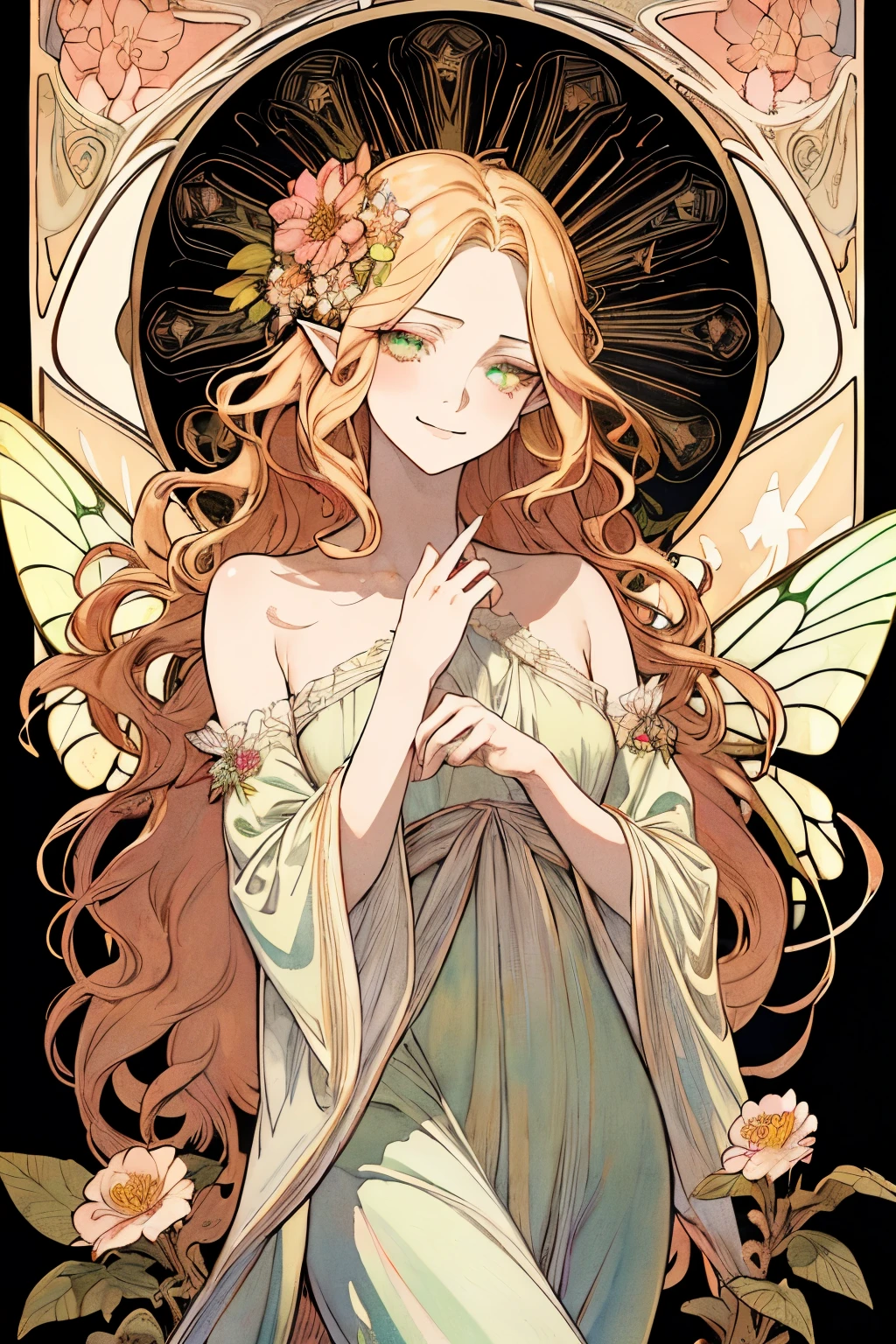 (art nouveau:1.25), Maximalism artstyle,neon theme,suprematism,beautiful detailed flower, beautiful detailed eyes,hyper detailed,flower,hyper quality,,eyes,flower and hair is same color,beautifuly color,face,her hair is becoming flower, flower,hair,flower,butterfly,,1girlkawaii,,high details, high quality,back light,hair and clothes is flower,upper body ,high quality,hair with body ,webbed dress, upper body, flower leg, flower hands,body with flower,    flower with clothes , dress with flower, , light particles,black background,  Hair with flower,small breast with flower,floating hair with flower,floating1girl,small breast,  marbling with hair and clothes, looking at viewer,original,arm down, paper cutting, black background, flower forground,  hair with flower,highres, hair with  flower,hair with flower ,hair,  wavy hair ,diffusion lighting, abstract,Butterfly with  body,   flower with hair, her hair is flower,big top sleeves, floating,pupils, [[hair over one eye]],dark SFW,masutepiece, Best Quality, High resolution, 1girl in, upper body, Details Girl, detail hands, Detail fingers, Detail Face, detail legs, 1girl in, elf, watercolor paiting, pale skin, , Blonde hair, Long hair, Wavy Hair, Green eyes, tareme, medium breasts, white sundress, Bare back,flower wall panel background,looking at viewer,[[tears]],smile