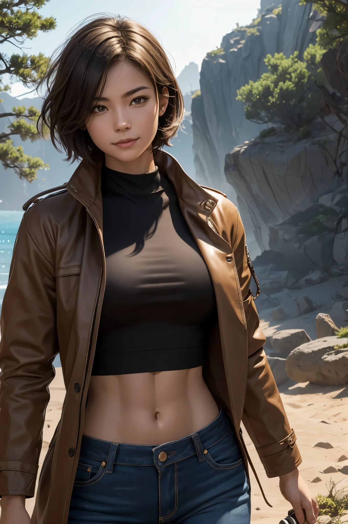 8k,adventure者の衣装,take a tour of the ruins,light brown short cut hair,super beautifulな日本の女性, big and full breasts,big smile,super beautiful(like the real thing)black and red casual wear,black jeans,sexy,deviantart artstation cgscosiety, 3Dレンダリングcharacter art8 K, Alena Aenami and Artgerm, Wojtek Fuss, Trending in Artstation 8k, Trending with Art Station HD, Adventure ultra-realistic rendering, Perfect body with realistic shading, photorealistic perfect body, ultra high resolution,high quality,sexy,brown short hair,strongly cracked abdominal muscles,muscular slim body,muscular slender lower body,Close-up,masterpiece,最high qualityのフォトリアリスティックなRAW写真。bright colors,rich colors, Backlight, cinematic lighting, film grain, to be born, 50mm lens, Nikon D850,realistic skin,fantasy art,character art,wilderness,road with dust,walk with half your face covered,hide your face,sharp gaze,adventure,Equipped with a long and large Japanese sword on the waist,