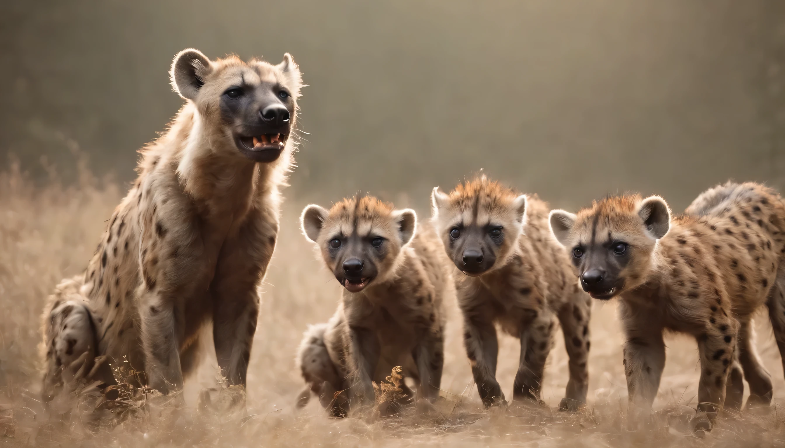 (Highly detailed CG Unity 8k wallpaper、masterpiece、highest quality、Super detailed)、(best lighting、best shadow、very delicate and beautiful)、highest quality、8k、Detailed facial depiction、masterpiece、highest quality、clear image quality、
After killing the prey、Photo showing a family of hyenas sharing a meal。