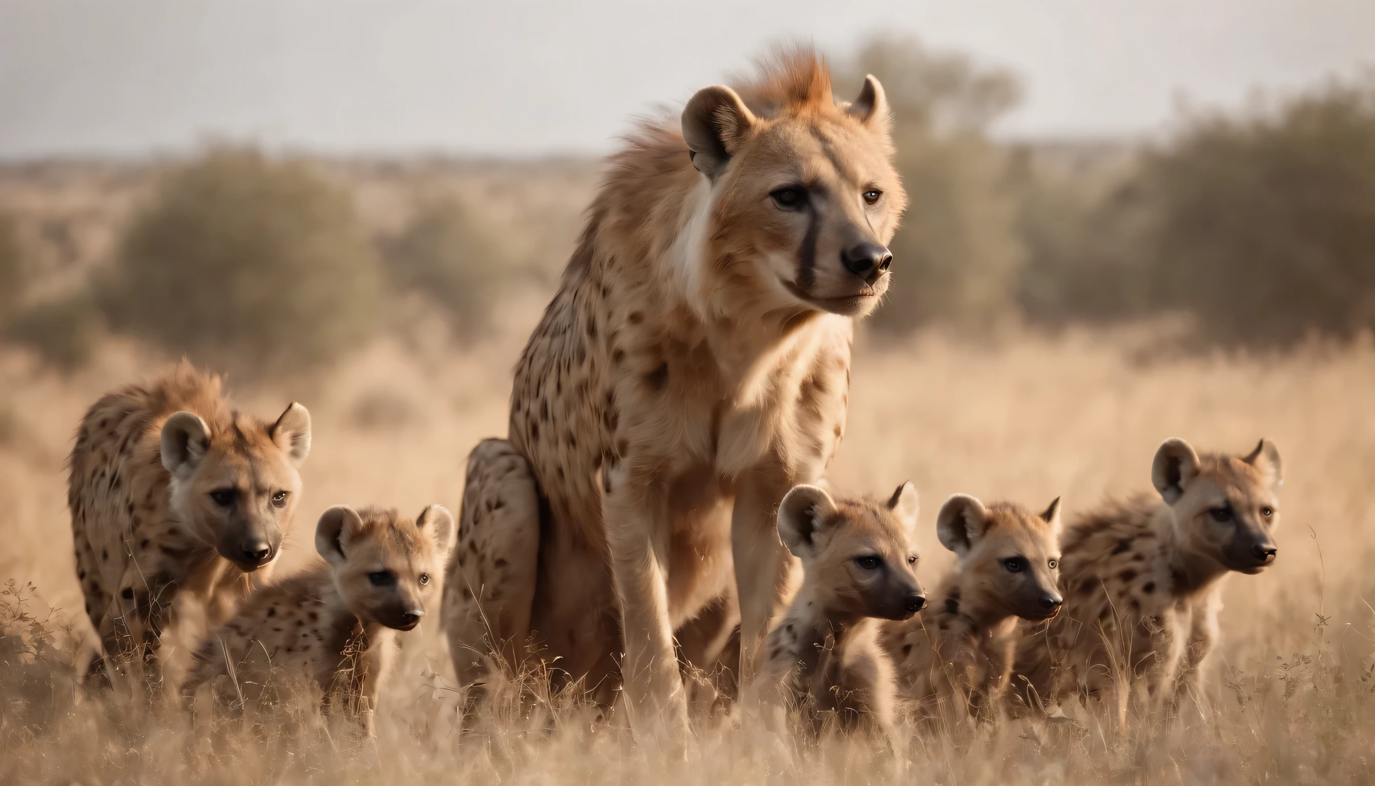 (Highly detailed CG Unity 8k wallpaper、masterpiece、highest quality、Super detailed)、(best lighting、best shadow、very delicate and beautiful)、highest quality、8k、Detailed facial depiction、masterpiece、highest quality、clear image quality、
After killing the prey、Photo showing a family of hyenas sharing a meal。