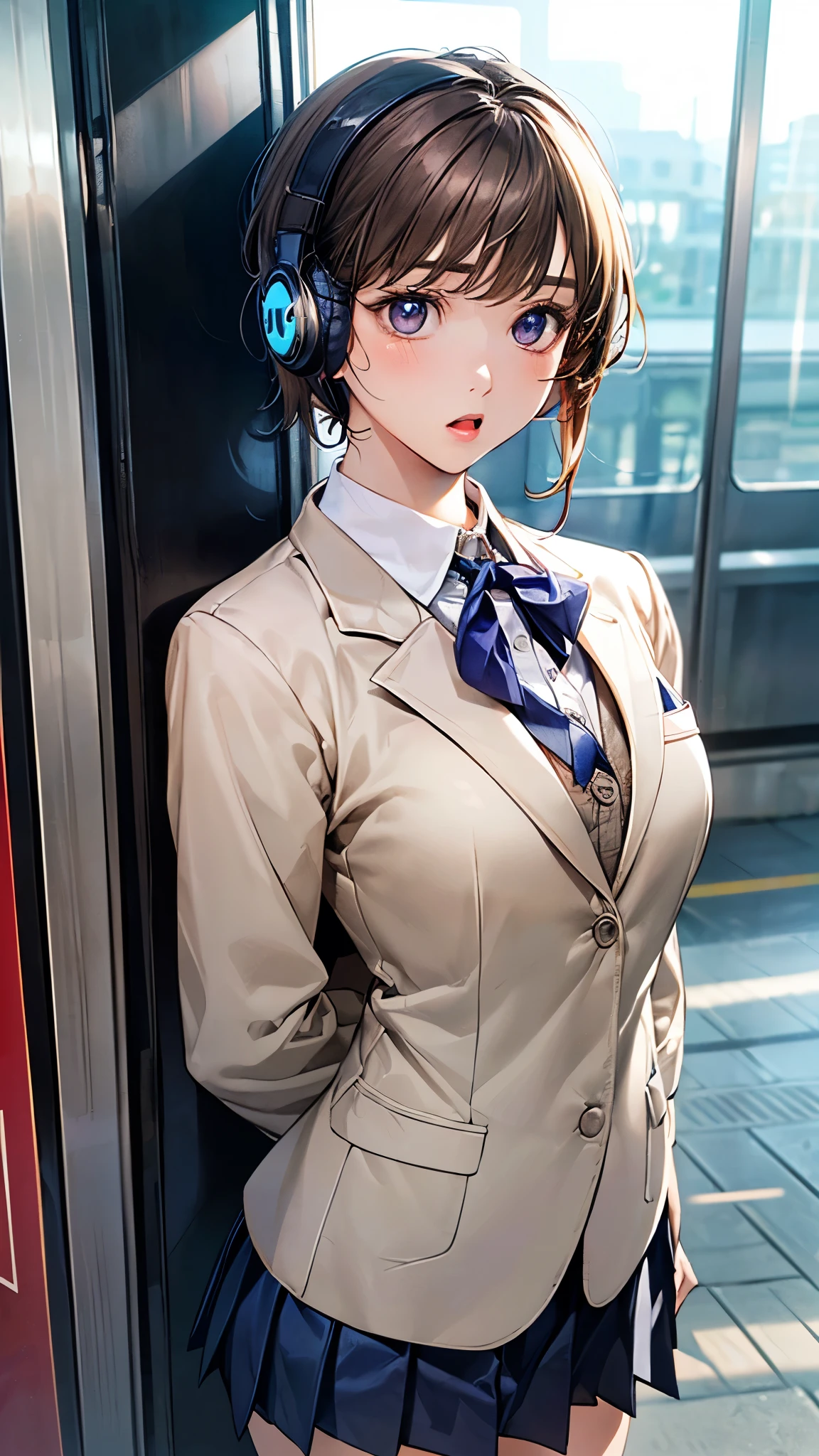 (masterpiece:1.2, top-quality), (realistic, photorealistic:1.4), beautiful illustration, (natural side lighting, movie lighting),
looking away, (face focus, upper body), 1 girl, japanese, high dchool girl, , perfect face, perfect body, cute and symmetrical face, shiny skin, babyface, tiny,
(short hair:1.5, straight hair:1.6, long sideburns, light brown hair), asymmetrical bangs, dark blue eyes, drooping eyes, (middle breasts, seductive thighs, big ass),
beautiful hair, beautiful face, beautiful detailed eyes, beautiful clavicle, beautiful body, beautiful chest, beautiful thigh, beautiful legs, beautiful fingers,
((headphones around neck, cute private school uniform, (white school blazer, closed blazer), gray collar white collared shirt, navy blue box pleated skirt, violet neck ribbon)),
(beautiful scenery), evening, (inside train station), standing, (:o),