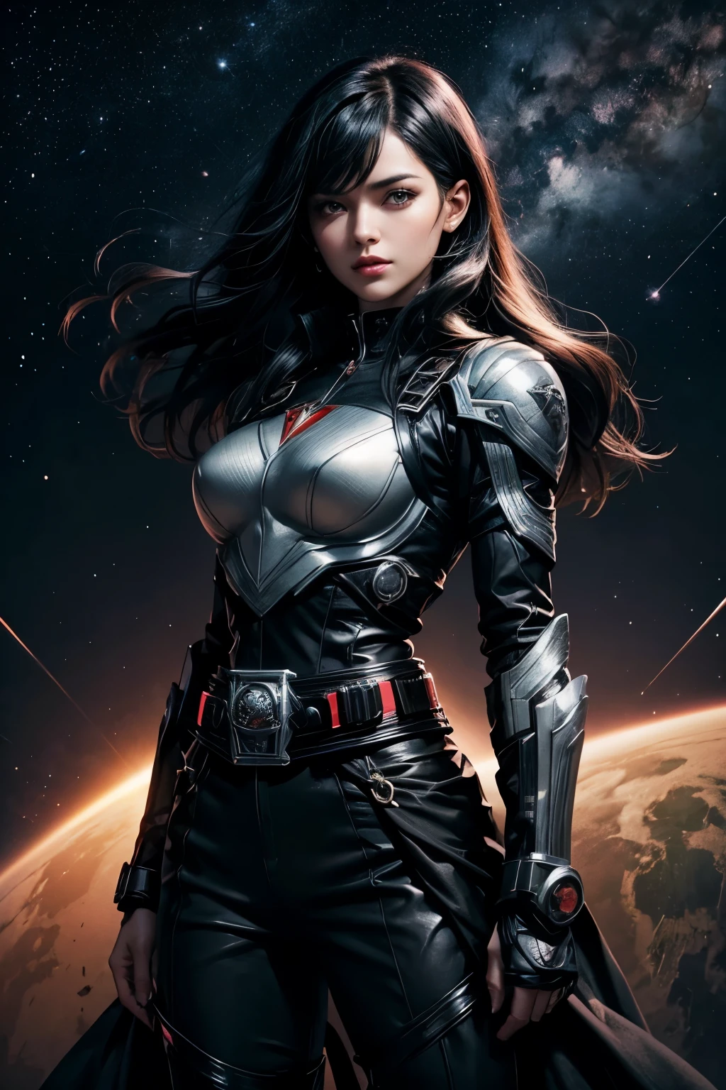 A beautiful woman. Mid twenties. Black hair. She wears a black metallic battle uniform. He wears something reminiscent of Kamen Rider's transformation belt around his waist. Image of outer space and Mars on female background.