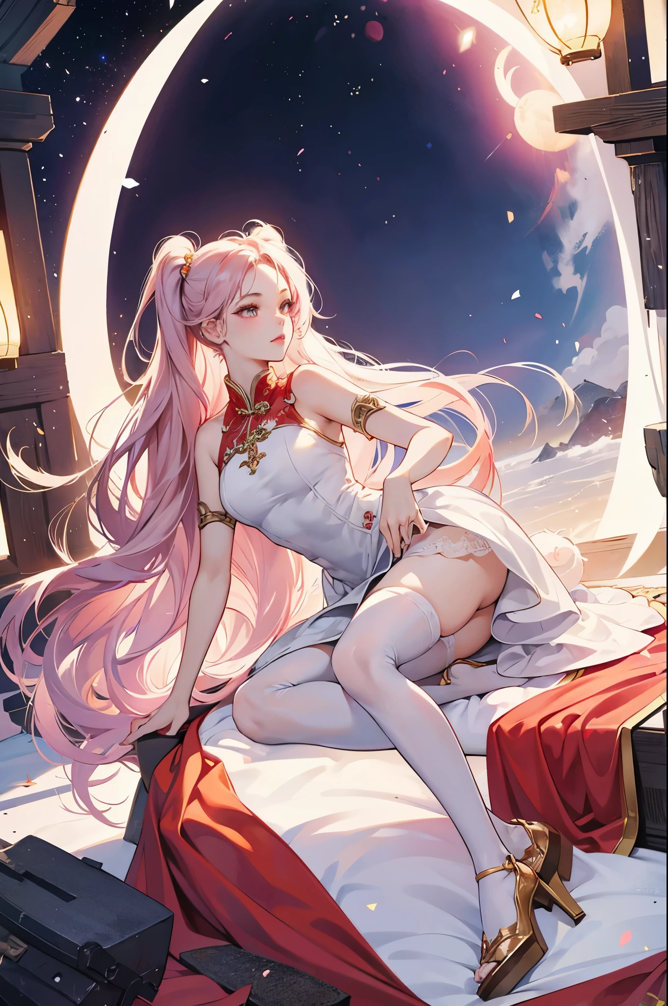 Imitation art of league of legend, white dresses, twin pig tail, chinese dresses, high heels, panty hose, masterpieces, hyper art