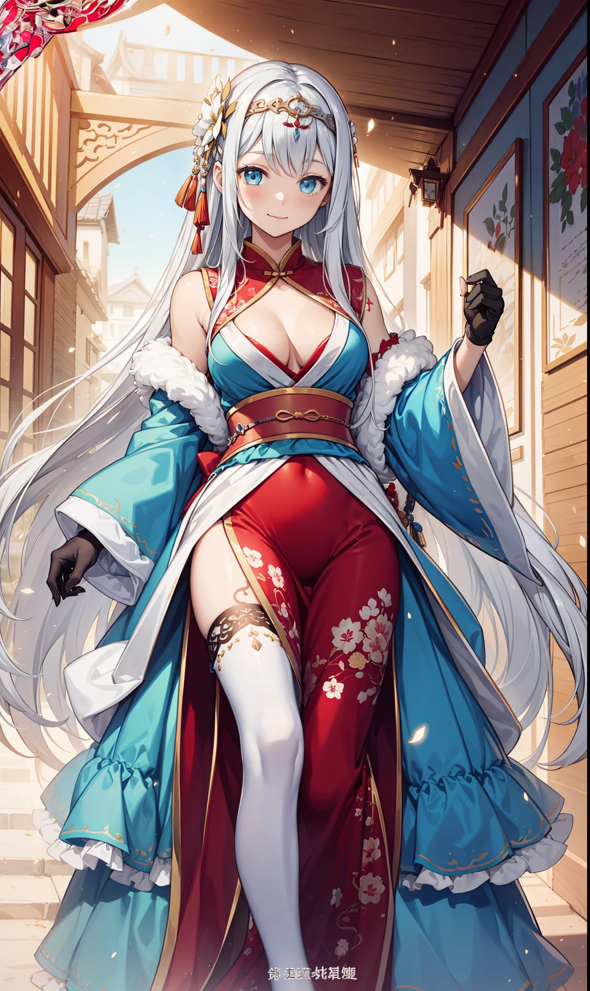 saints,Elegant and charming,Smile,in love,(Transparent colorful Hanfu,Sophisticated and gorgeous design),black gloves,silver hair,blue eyes,see through transparent clothes,Exquisite hair accessories,Transparent lace,Engraving pattern,dress nicely,The background is an old Chinese palace,Inside the hall,elegant posture,night,Carved suspender boots,Super super details,Divine magic,light particles,Exquisite and beautiful face and eyes