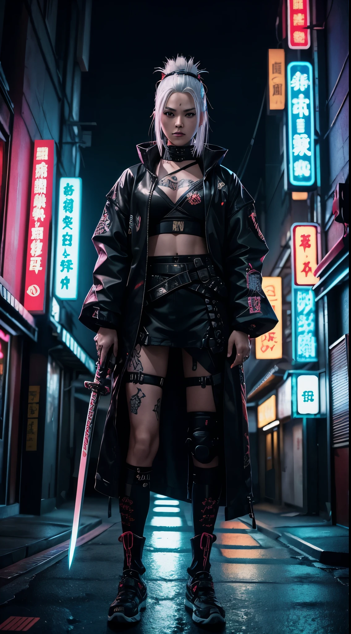 Photo of white-haired samurai wearing jacket standing in the middle of neon street , (she carries a katana). masterpiece, woman , Elf ears，cyberpunk characters , (Have a tattoo), post apocalyptic, super detailed, ready to fight, Serious expression, (super detailed的武士刀) , masterpiece ,