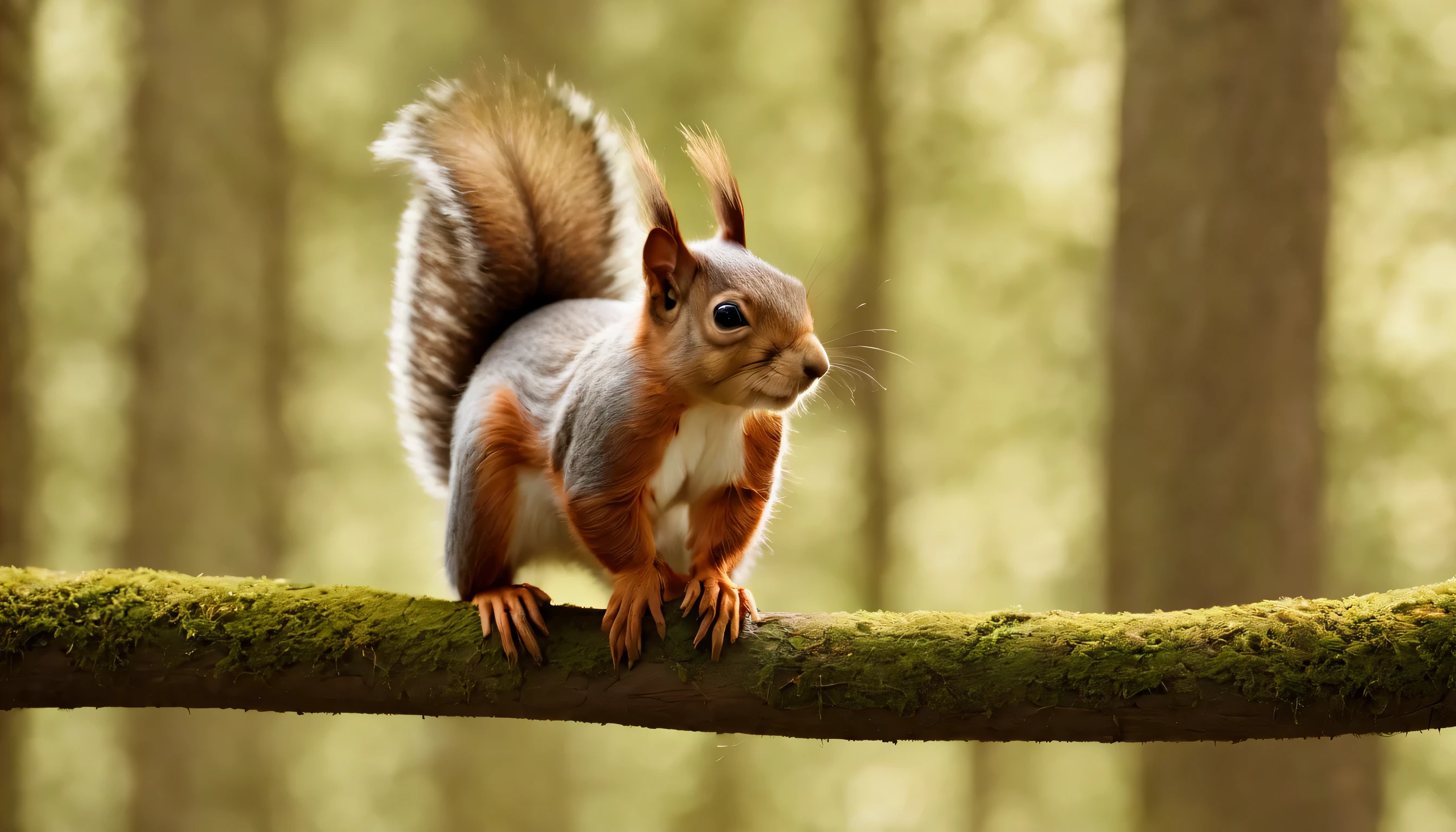 (Highly detailed CG Unity 8k wallpaper、masterpiece、highest quality、Super detailed)、(best lighting、best shadow、very delicate and beautiful)、highest quality、8k、Detailed facial depiction、masterpiece、highest quality、clear image quality、
Photo of a squirrel jumping on a tree branch。